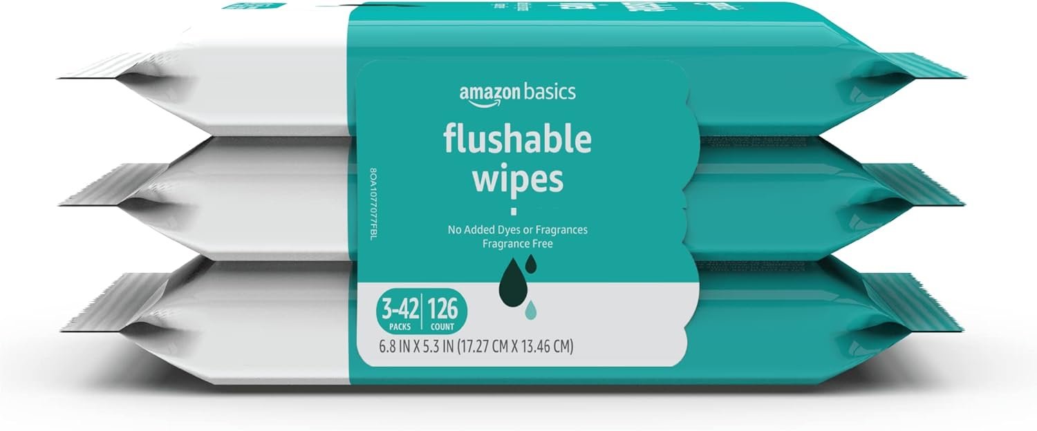 Amazon Basics Adult Wet Wipes Flushable Fragrance Free, 126 Count (3 Packs of 42), Packaging May Vary