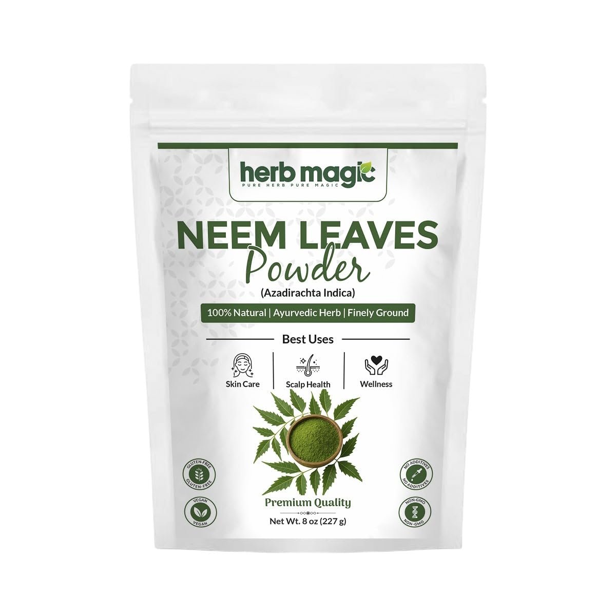 Herb Magic Neem Leaf Powder 8 oz (227 g / 0.5 lb) – 100% Pure, Natural & Finely Ground | For Skin & Hair Care | Azadirachta indica