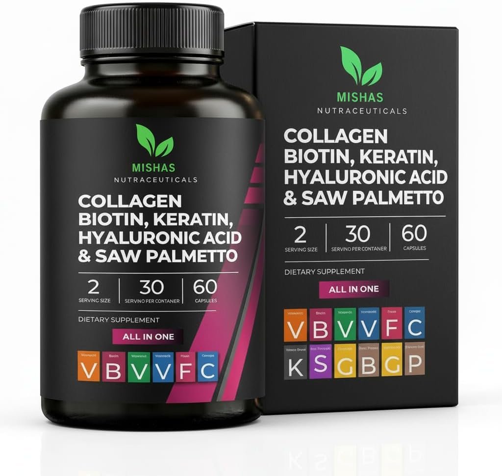 Multi Collagen Hair Pills – Biotin 10,000mcg, Keratin & Hyaluronic Acid – Hair Growth – Hair Skin & Nails Vitamins & DHT Blocker – Vitamin E Folic Acid Pumpkin Seed MSM, Saw Palmetto 60 Vegan Capsules