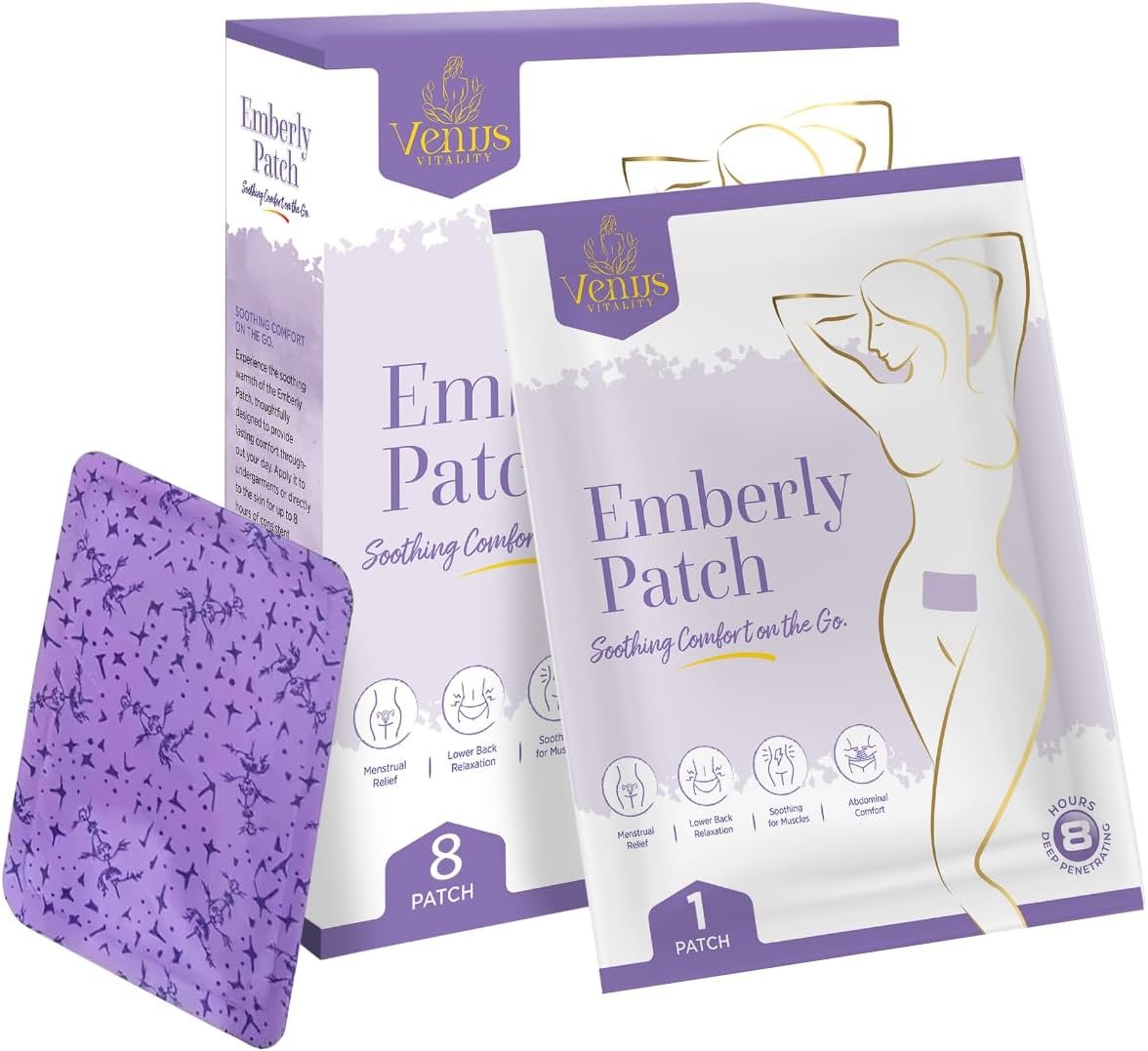 Period Cramp Relief Menstrual Patch – Heat Pads for Pain Relief & PMS | Portable Heating Pad | Emberly Self-Heating Patch for Women, Back Pain & Muscle Comfort | Adhesive, Travel-Friendly Long-Lasting