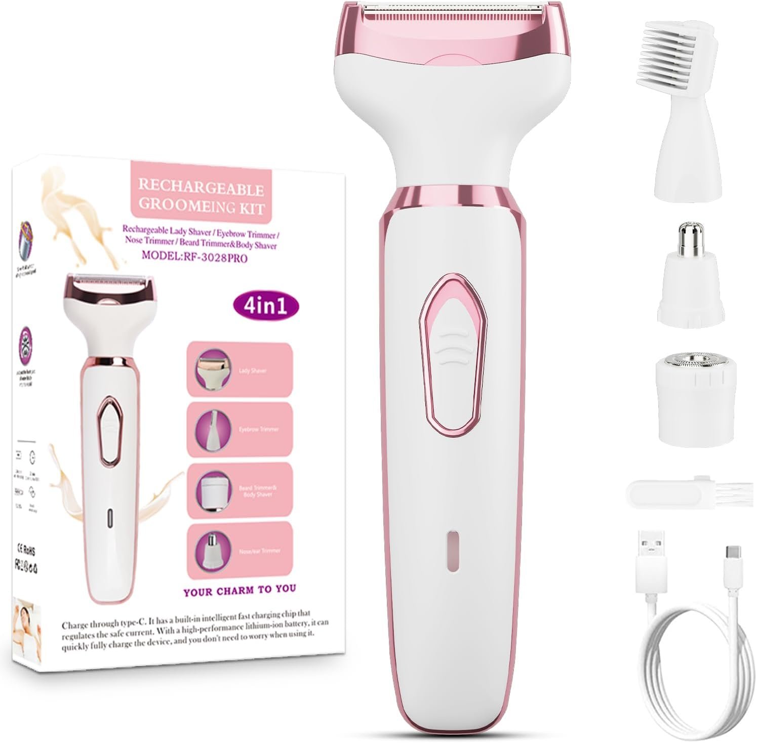 Women’s Electric Razor Bikini Trimmer, 4-in-1 Cordless Shaver for Face, Legs, Underarms, Pubic Hair – Wet/Dry Use, Painless Hair Removal
