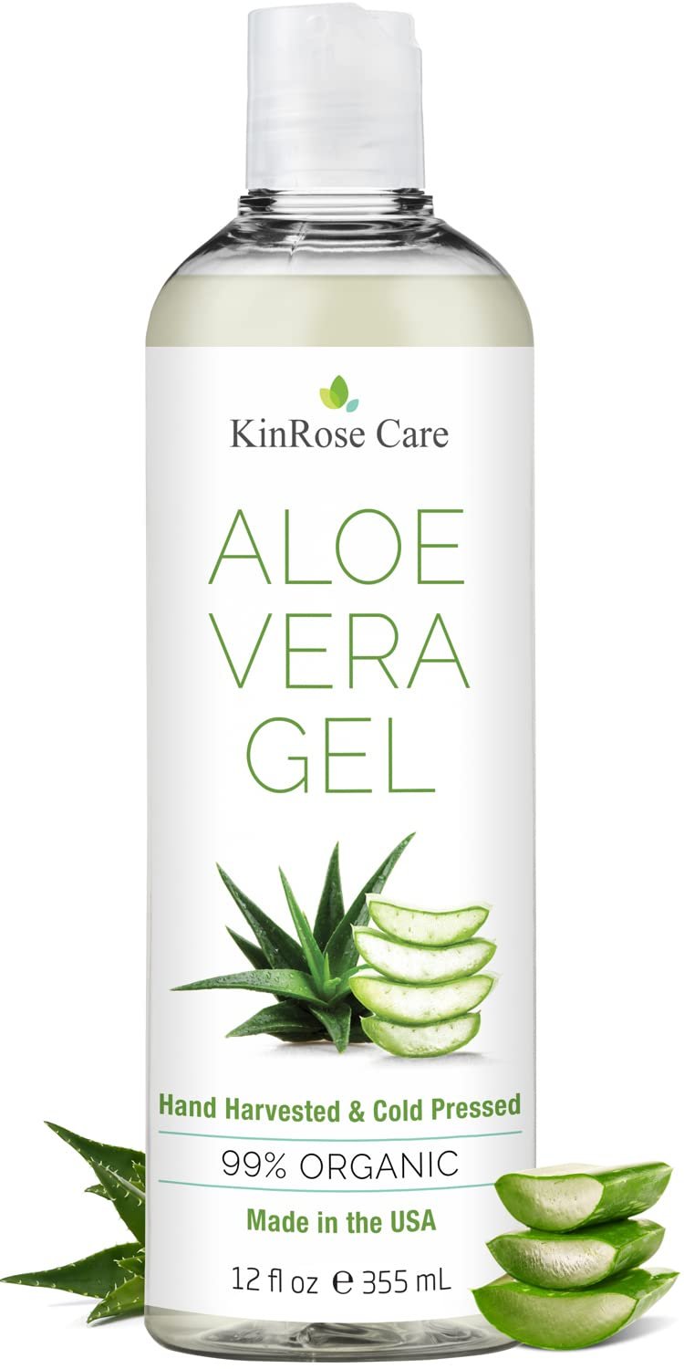 KinRose Care, 12oz Aloe Vera Gel for Face, Skin, Hair & Sunburn Relief – From Pure Organic Aloe Vera – Cold Pressed, Vegan, Unscented – Made in USA.