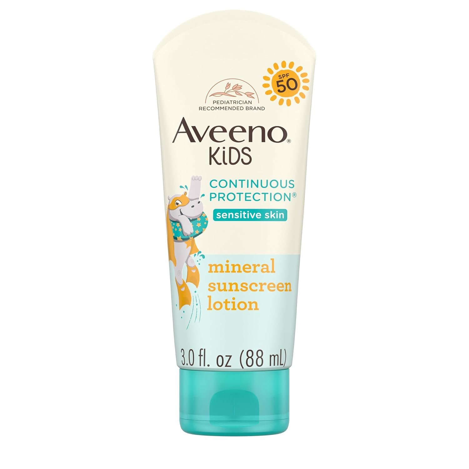 Aveeno Kids Continuous Protection Zinc Oxide Broad Spectrum Sunscreen Lotion for Kids’ Sensitive Skin. SPF 50 Oxybenzone Free Sunscreen, Tear- and Sweat-Free and Water-Resistant, Non-Greasy, 3 Fl Oz