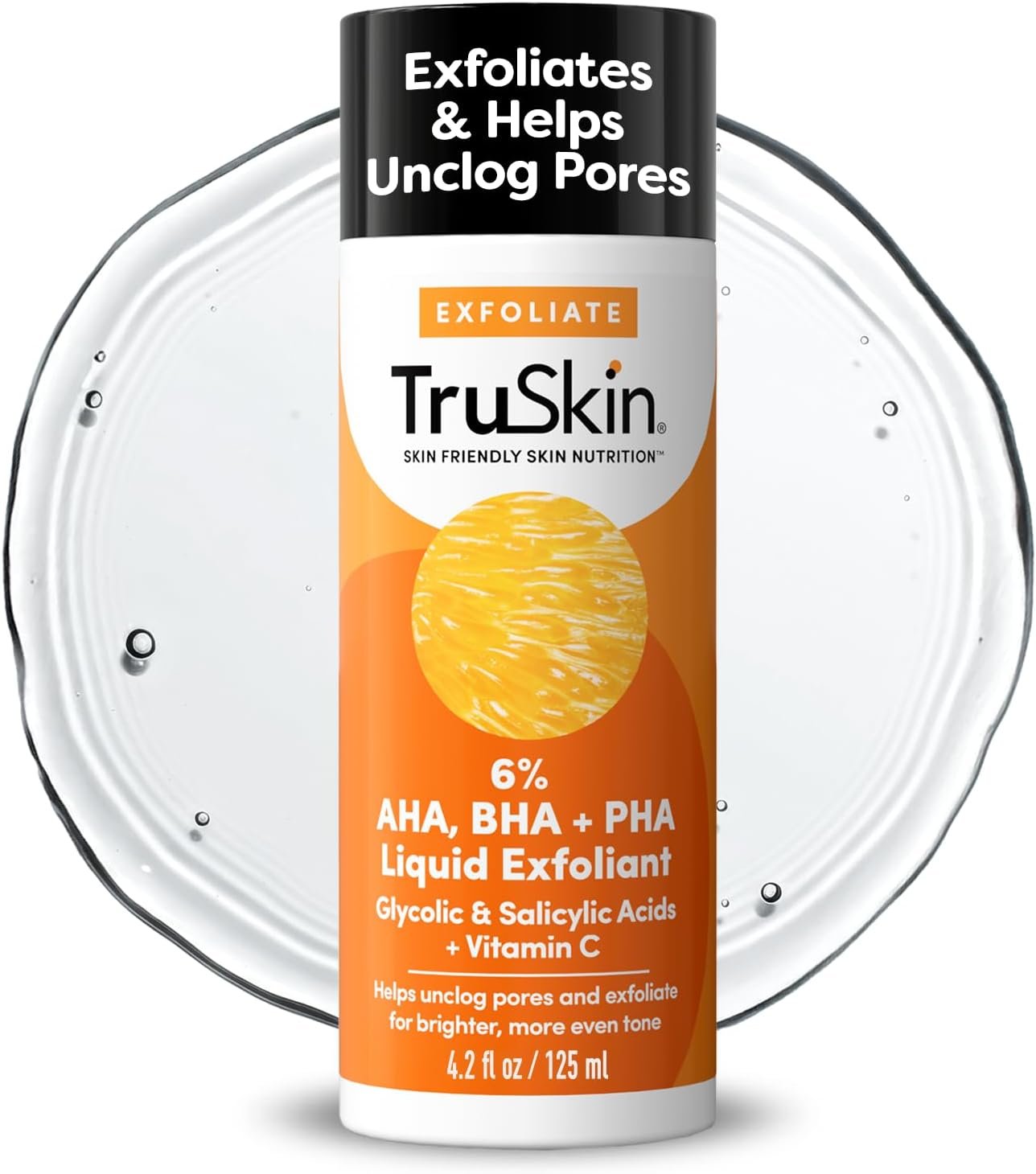 TruSkin BHA Liquid Exfoliant & Toner for Face – Triple Acid AHA BHA PHA Exfoliator with Salicylic, Glycolic Acid & Vitamin C – Improves Look of Tone & Texture, Unclogs Pores, 4.2 fl oz