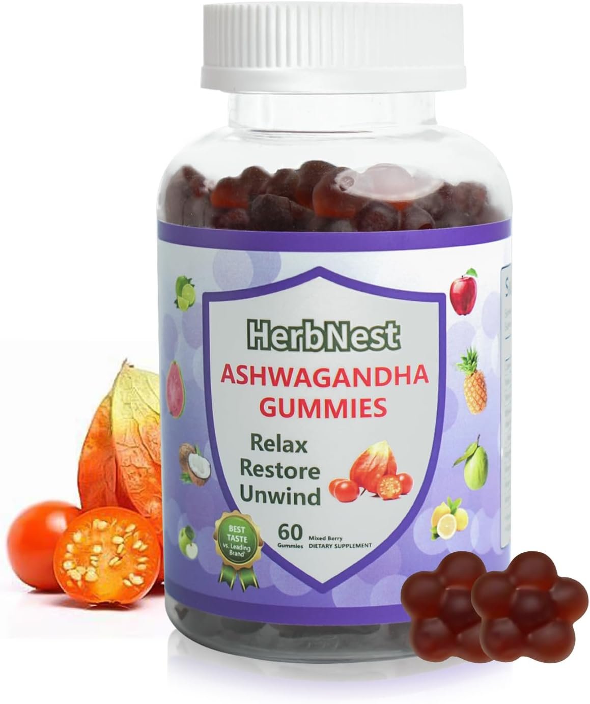 Organic Ashwagandha Gummies with Vitamin D3 – Stress Relief & Immune Support, Vegan Non-GMO, Gluten Free, Mixed Berry Flavor (60 Count)