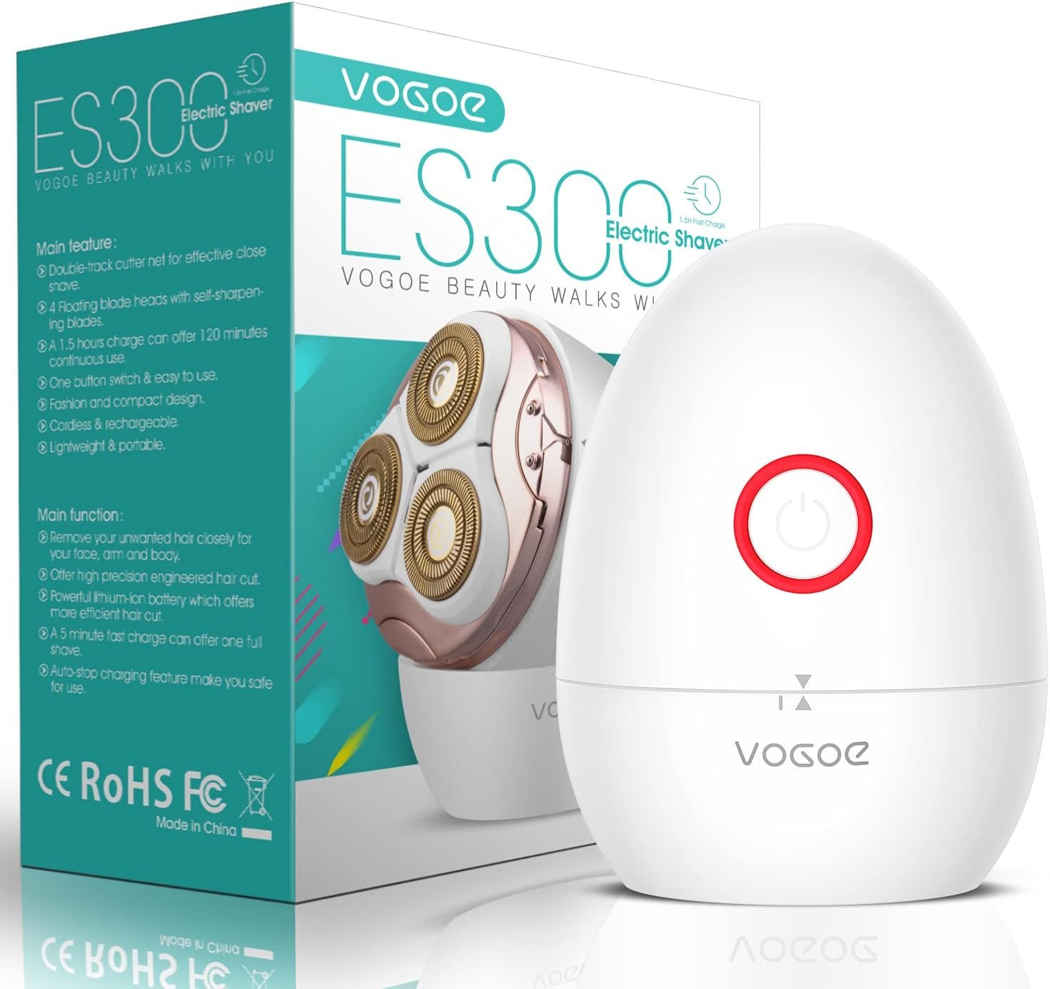 VOGOE Electric Shaver for Women 3D Floating Blade Rotary Razor Hair Remover for Arms, Legs and Underarms Rechargeable Portable and Safe Wet and Dry Use ES300