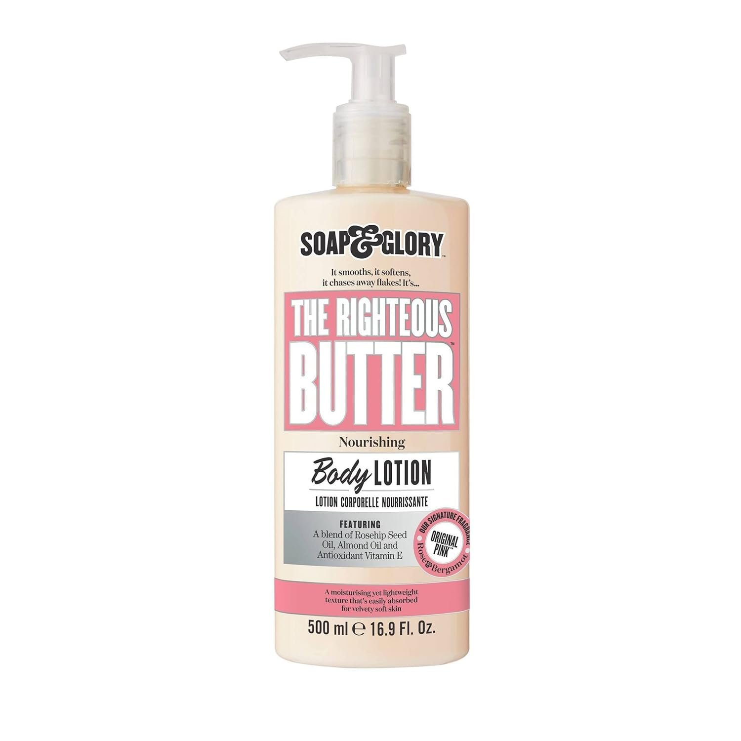 Soap & Glory Original Pink Moisturizing Body Lotion Pump – Lightweight Body Moisturizer for Dry Skin – With Shea Butter, Vitamin E & Aloe Vera for Soft, Hydrated Skin – Rose & Bergamot (16.9 fl oz)