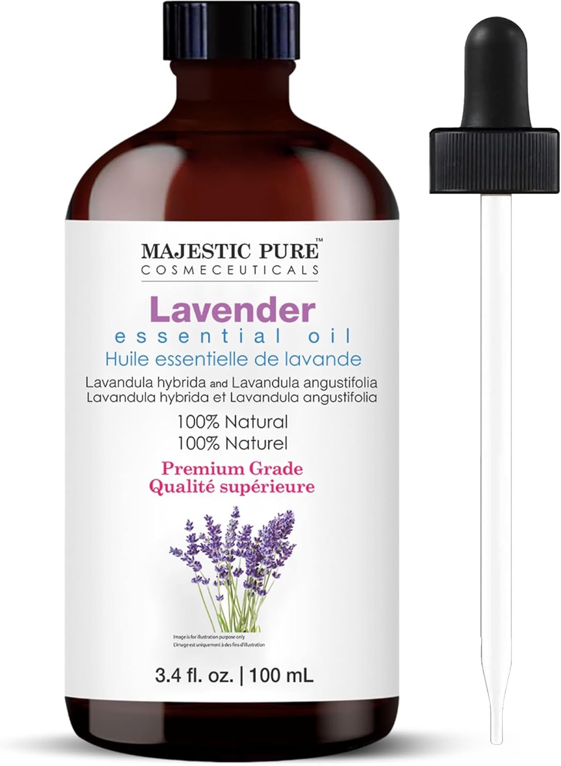 Majestic Pure Essential Oil with Glass Dropper – 100% Pure and Natural – Essential Oils for Diffuser, Aromatherapy, Soap and Candle Making, Lavender Essential Oil, Lavender Oil, 3.4 Fl Oz