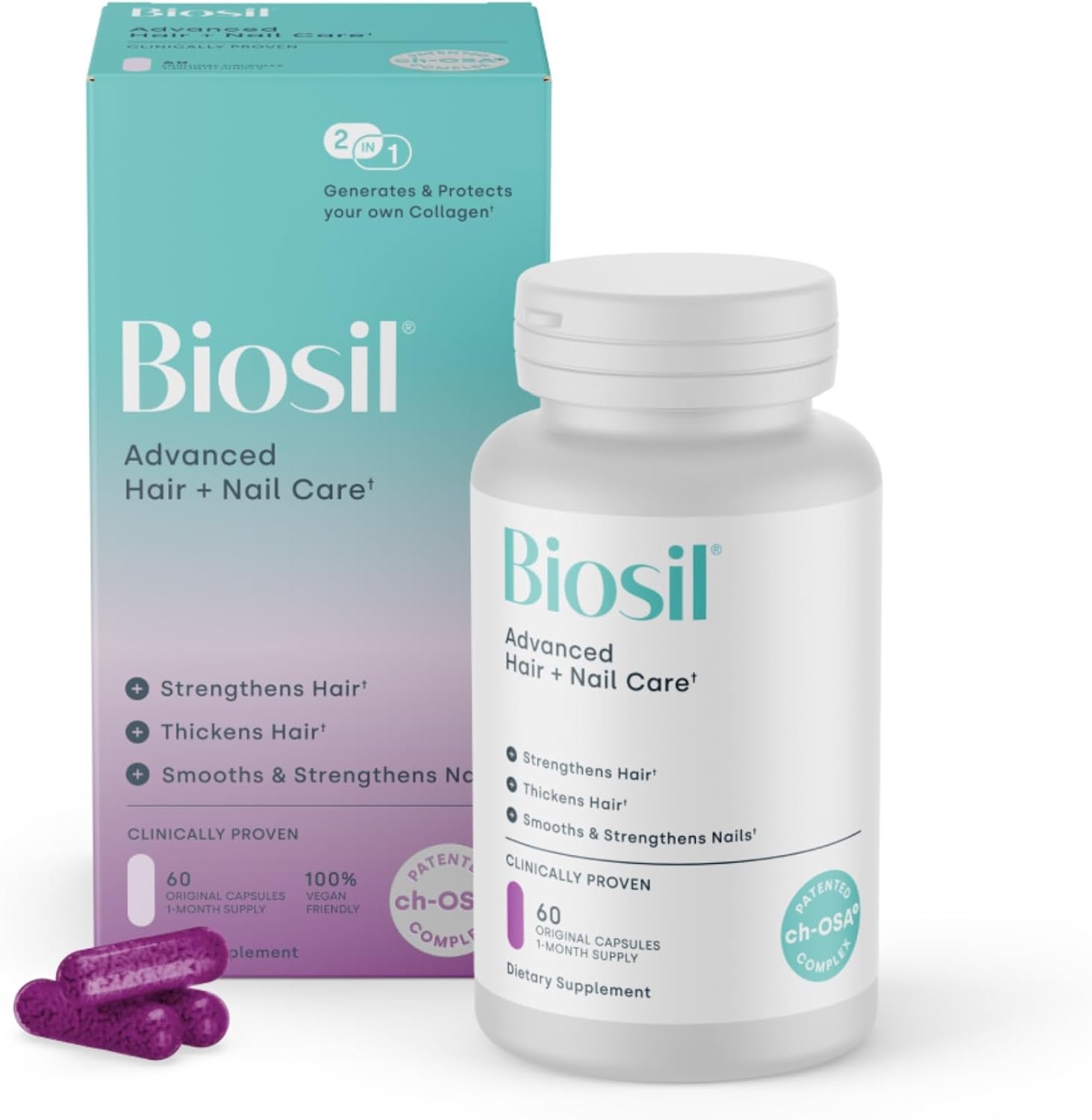 Biosil Advanced Hair + Nail Care – 60 Capsules – Grow, Strengthen & Thicken Hair and Nails – with Patented ch-OSA & Biotin – 30-Day Supply