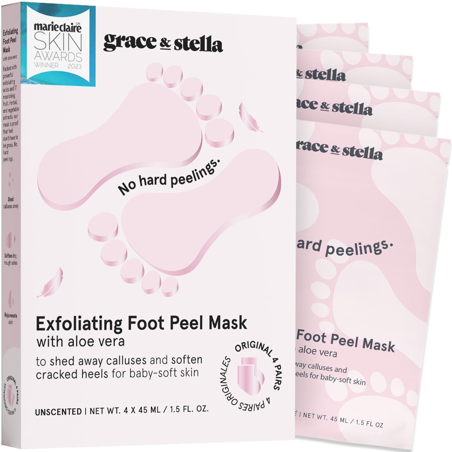 grace & stella Award-Winning Foot Peel Mask – Foot Peeling Mask with Aloe Vera – Moisturizing Foot Mask for Dry Cracked Feet – Foot Exfoliator for Baby Soft Feet (4 Pairs, Unscented)