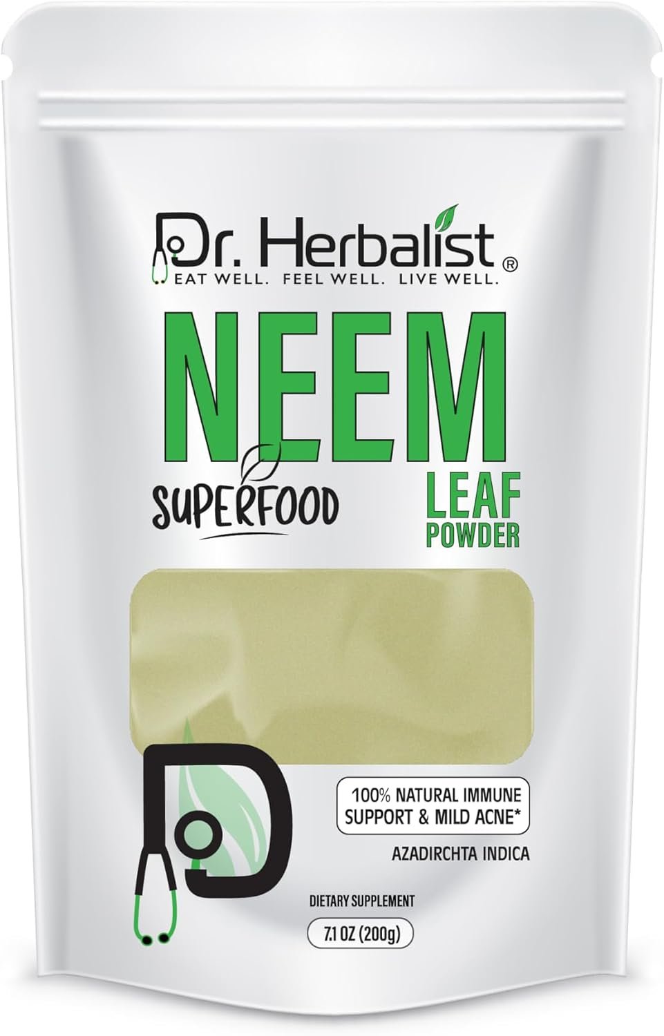 Dr. HERBALIST Neem Powder 200g, Pure Azadirachta Indica Leaf, Single Origin Ayurvedic Botanical, Internal and Topical Use, Halal, 7.1 oz Resealable Pouch