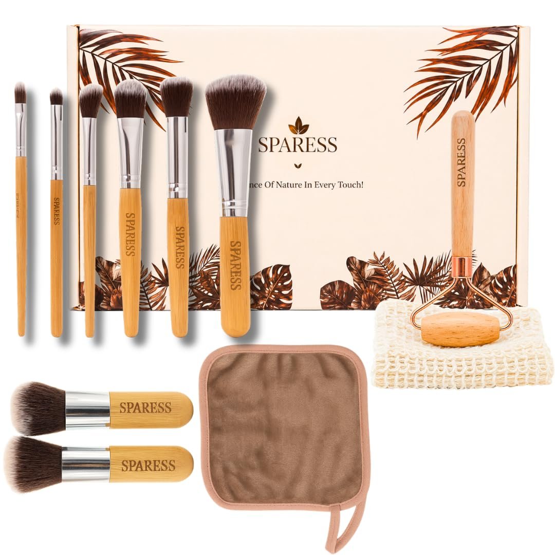 Eco Friendly Unique Natural Gift Beauty Set – Bamboo Makeup Brushes, Vegan Bamboo Roller & Soft Face Towel – Organic Self-Care Box for Women & Teens, Perfect Birthday , Holiday Present”