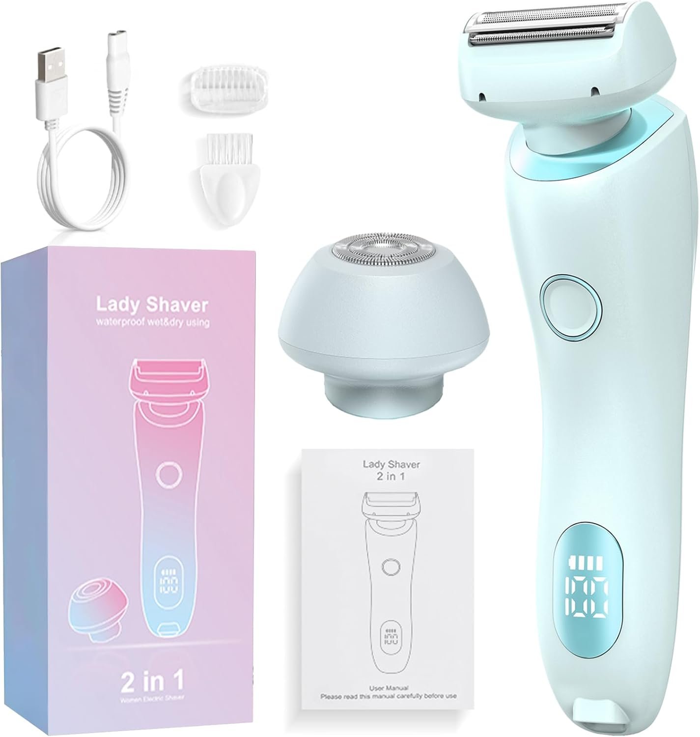 Electric Shaver for Women，2 in 1 Painless Silk Glide Pro Bikini Shaver with Removable Head, Wet & Dry Waterproof Rechargeable Cordless Electric Razor Women for for Leg Arm Underarm Bikini Area (Blue)