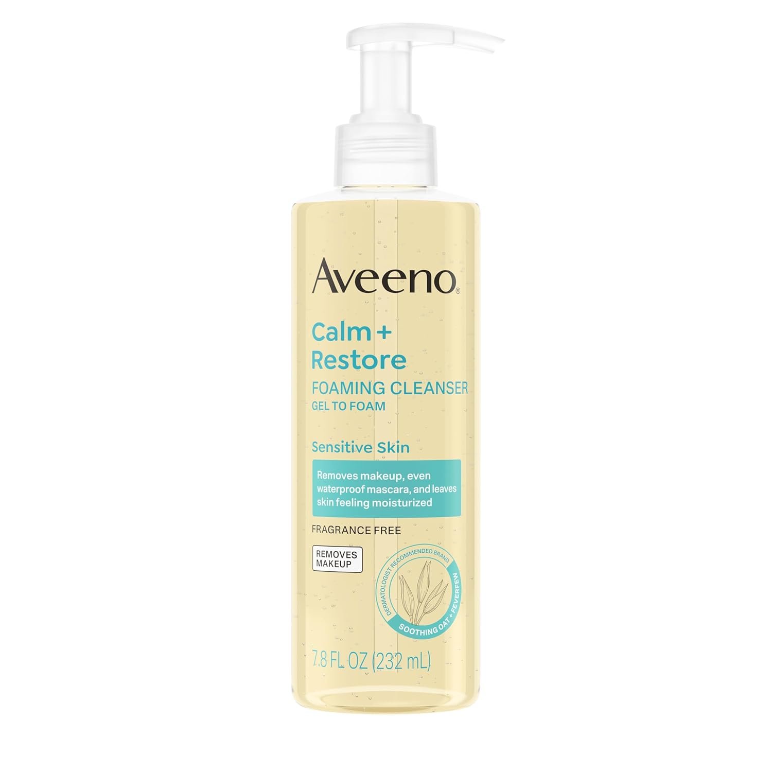 Aveeno Calm + Restore Foaming Cleanser, Daily Face Wash for Sensitive Skin, Gentle Foaming Cleanser Removes Makeup with Soothing Oat, Feverfew & Hyaluronic Acid, Fragrance-Free, 7.8 Fl Oz