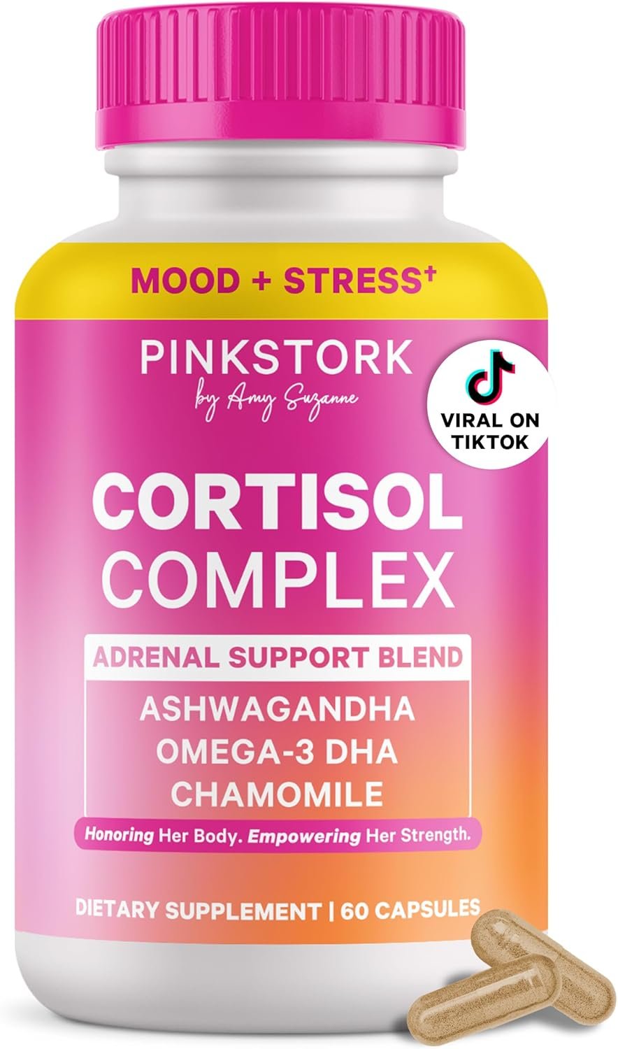 Pink Stork Cortisol Complex for Women – Adaptogenic Adrenal + Stress Support – 300mg Organic Ashwagandha, Algae DHA, Saffron, Methylated B Vitamins – Non-Drowsy – Mood + Hormone Balance – 60 Capsules
