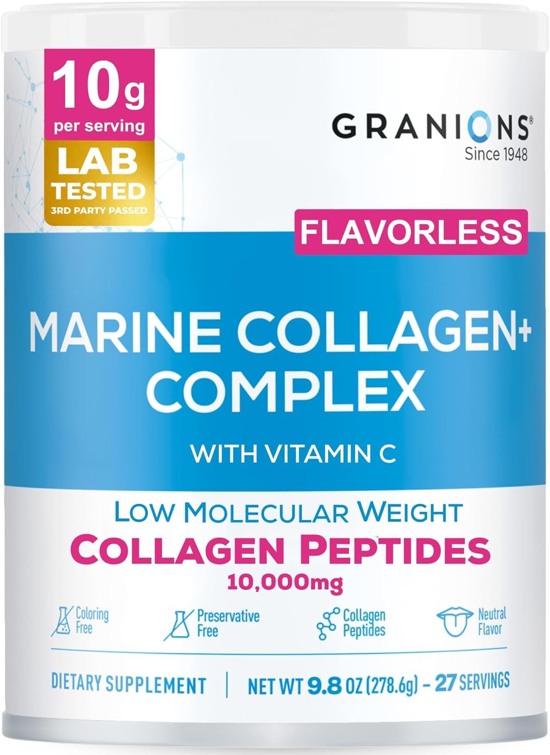 Marine Collagen Powder Unflavored – 10g Type I Hydrolyzed Collagen Peptides with Natural Acerola Vitamin C Antioxidant – Hair, Skin, Nails Vitamins for Women & Men- Pro-Aging Beauty Supplement – 9.8oz