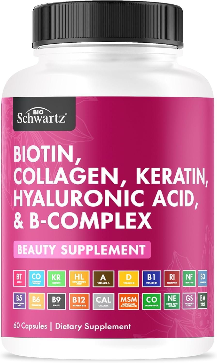 BioSchwartz Biotin Collagen Keratin Supplement – Hair Vitamins for Women – 10000mcg Biotin with Hyaluronic Acid & B Complex – Non-GMO 60 Capsules Beauty Supplement – Hair and Nails Vitamins for Women