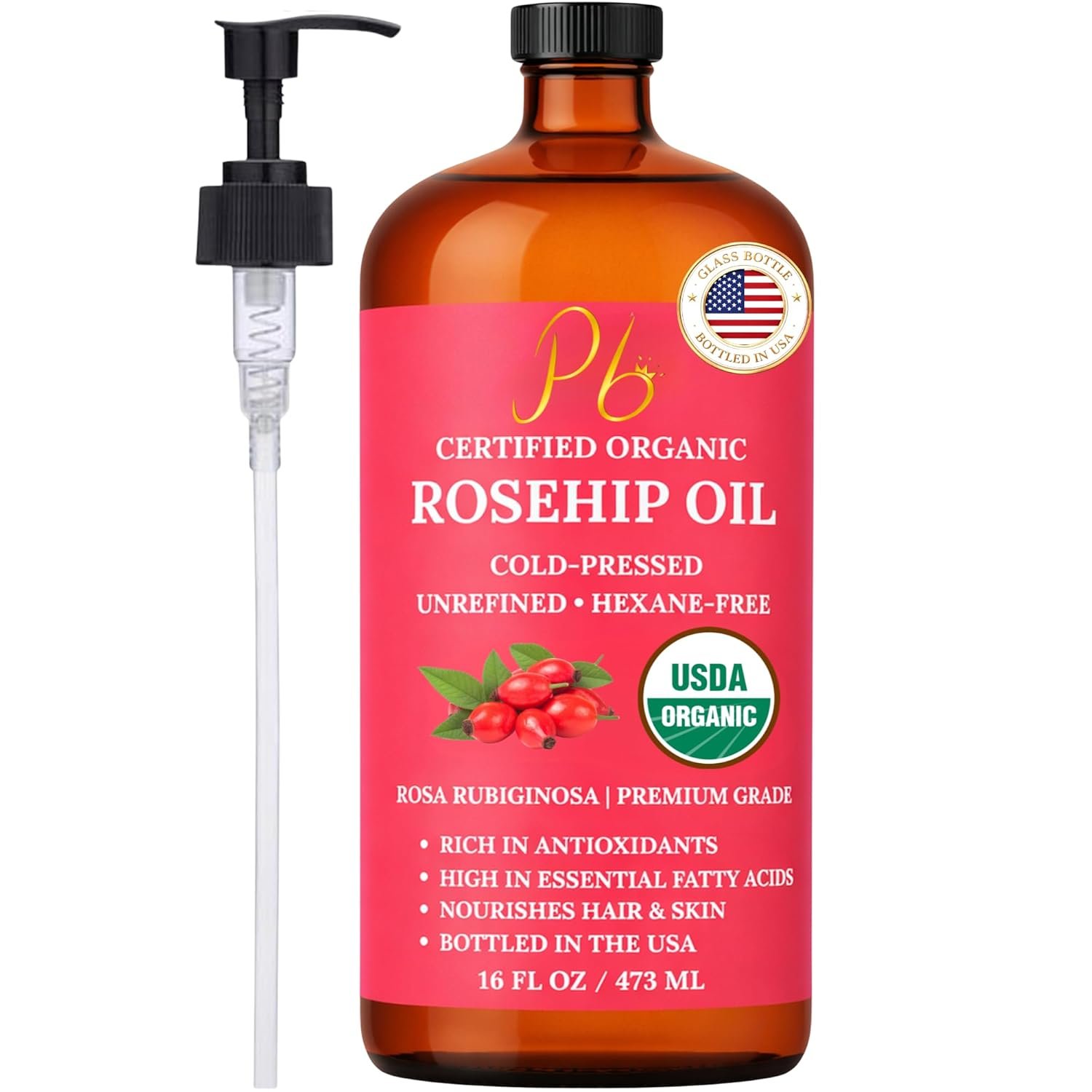 Rosehip Oil – USDA Organic 100% Pure, Cold-Pressed & Unrefined, Rosehip Oil for Face, Skin & Hair– Helps Reduce the Appearance of Fine Lines & Wrinkles – Rose Hip Seed Oil16 fl oz Glass Bottle