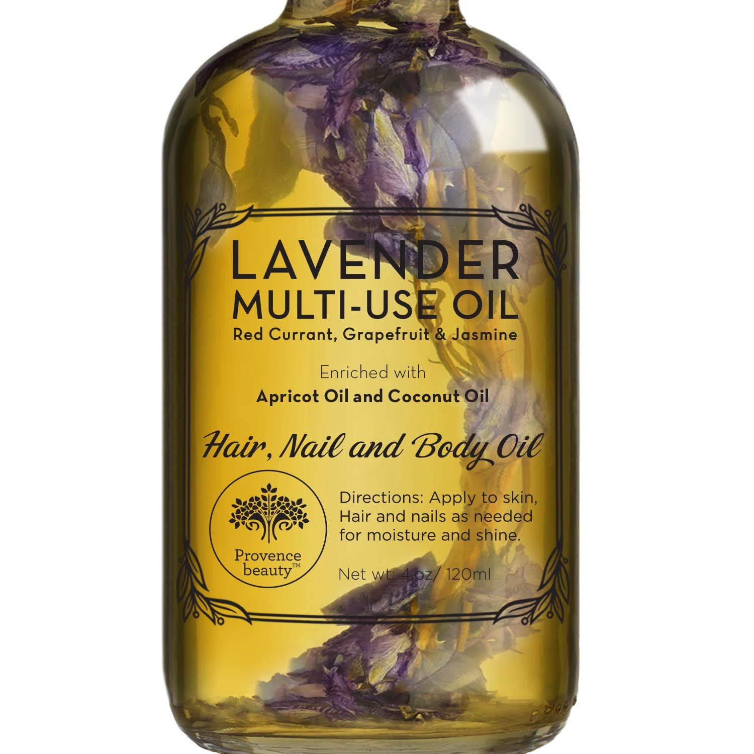 BEAUTE DE PROVENCE Lavender Multi-Use Oil for Face, Body and Hair – Organic Blend of Apricot, Vitamin E, Fractionated Coconut and Sweet Almond Oil Moisturizer for Dry Skin, Scalp and Nails – 4 Fl Oz