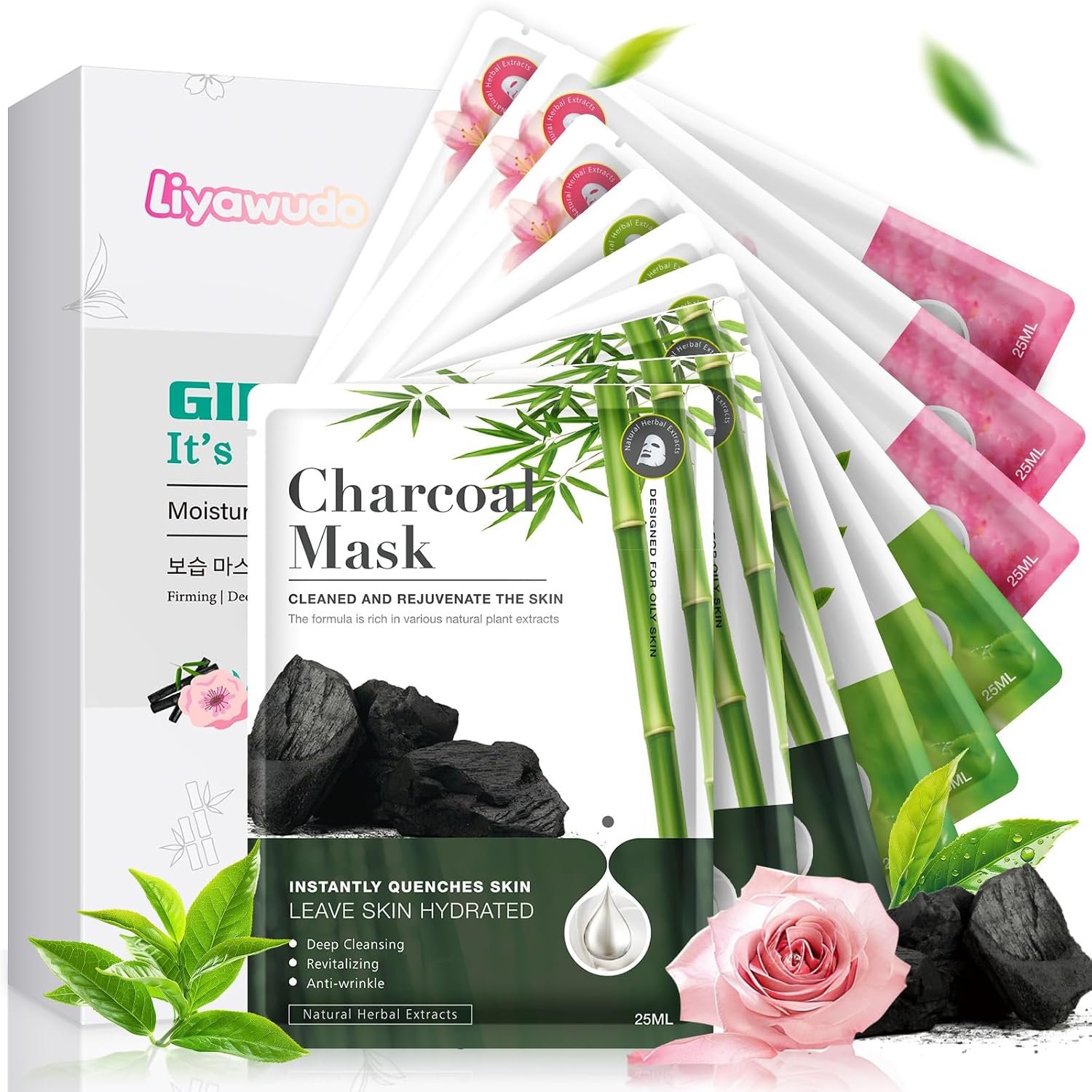 Centella hydrating face masks Set (9 Pack) – Hydrating Face Masks with Green Tea, Sakura & Charcoal | Moisturizing Facial Masks for Women | Sensitive & All Skin Types