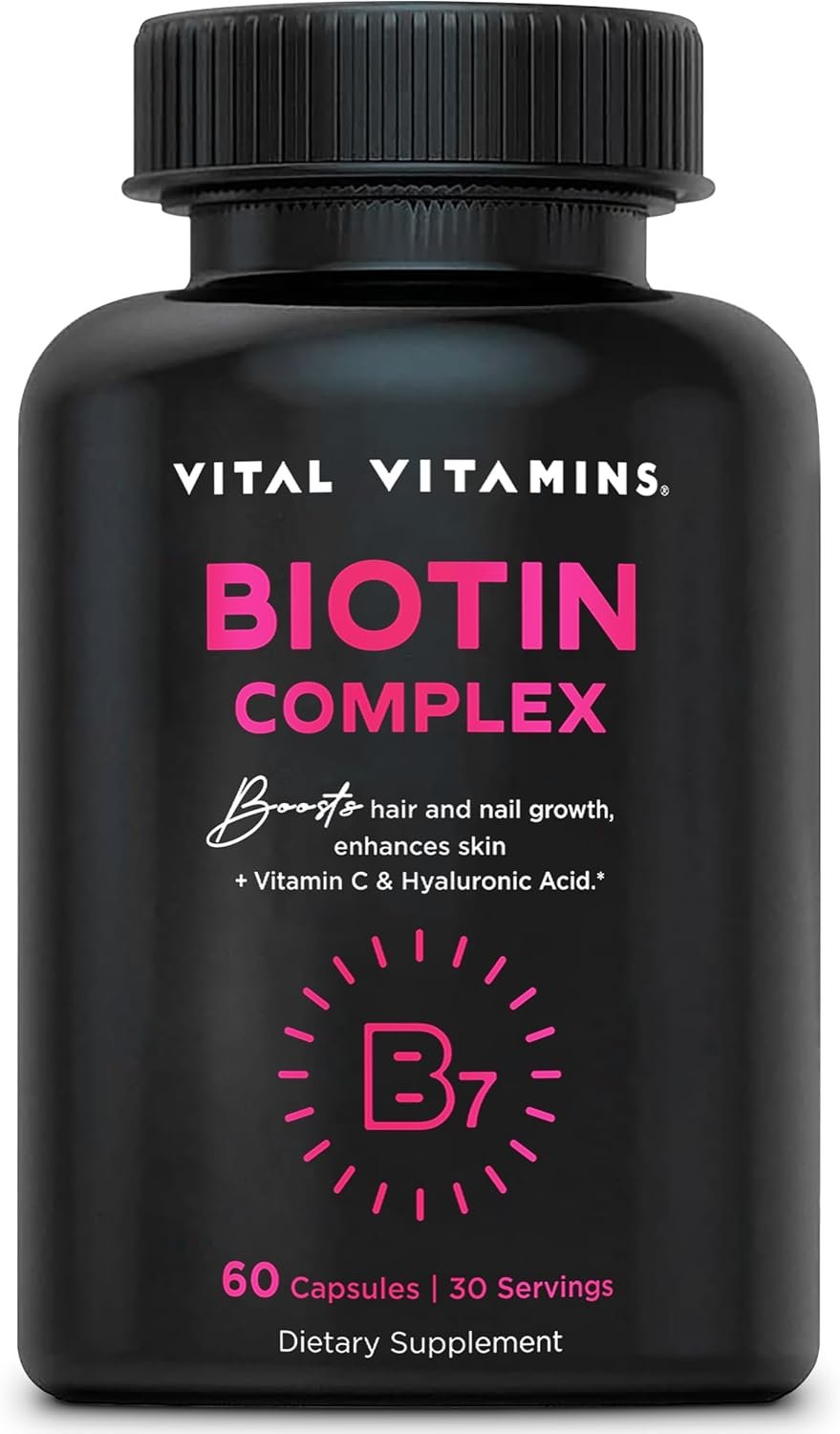 Vital Vitamins Biotin Complex Pills – with Hyaluronic Acid, MSM, Collagen, & Vitamin C – Supplement for Hair, Skin, & Nails – 60 Capsules