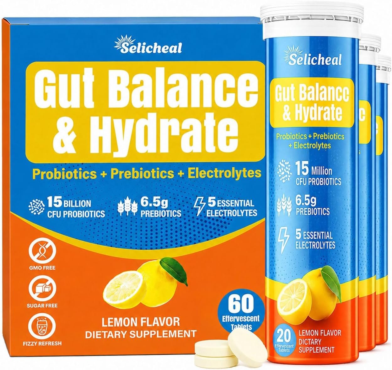 Electrolyte Tablets, Hydration & Fiber Supplement for Women & Men, with Prebiotics & Probiotics for Gut Health, Lemon Flavor Hydration Drink, Electrolytes Sugar Free, Keto Friendly, 60 Tablets