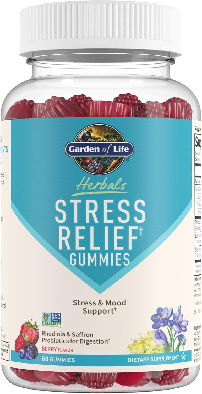 Garden of Life Herbals Stress Relief Gummy with Rhodiola & Saffron for Positive Mood & Stress Response Plus Prebiotics & Probiotics for Digestive Support, Gluten-Free, Berry Flavor, 30 Servings