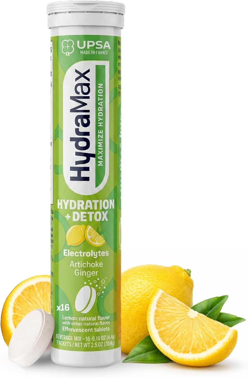 UPSA HydraMax Hydration + Detox Electrolytes Tablet – Effervescent Hydrating with 4 Essential Electrolytes, Vitamin C, Artichoke & Ginger Extracts, Detox Hydration Mix Support, 16 Count