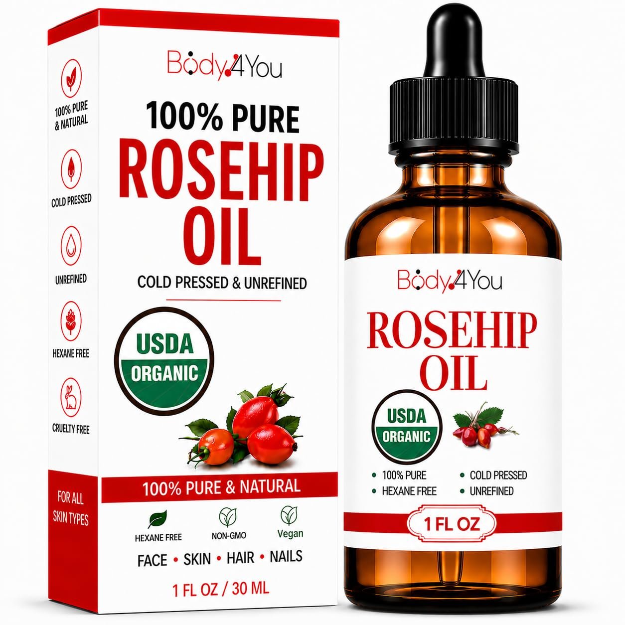 BodyJ4You Rosehip Oil for Face – 100% Pure Natural USDA Organic Cold Pressed – Hydrating Skin Hair Nails Anti-Aging Wrinkle Scar Treatment Gua Sha – Non-GMO Undiluted Carrier – Glass Bottle 1 Fl Oz