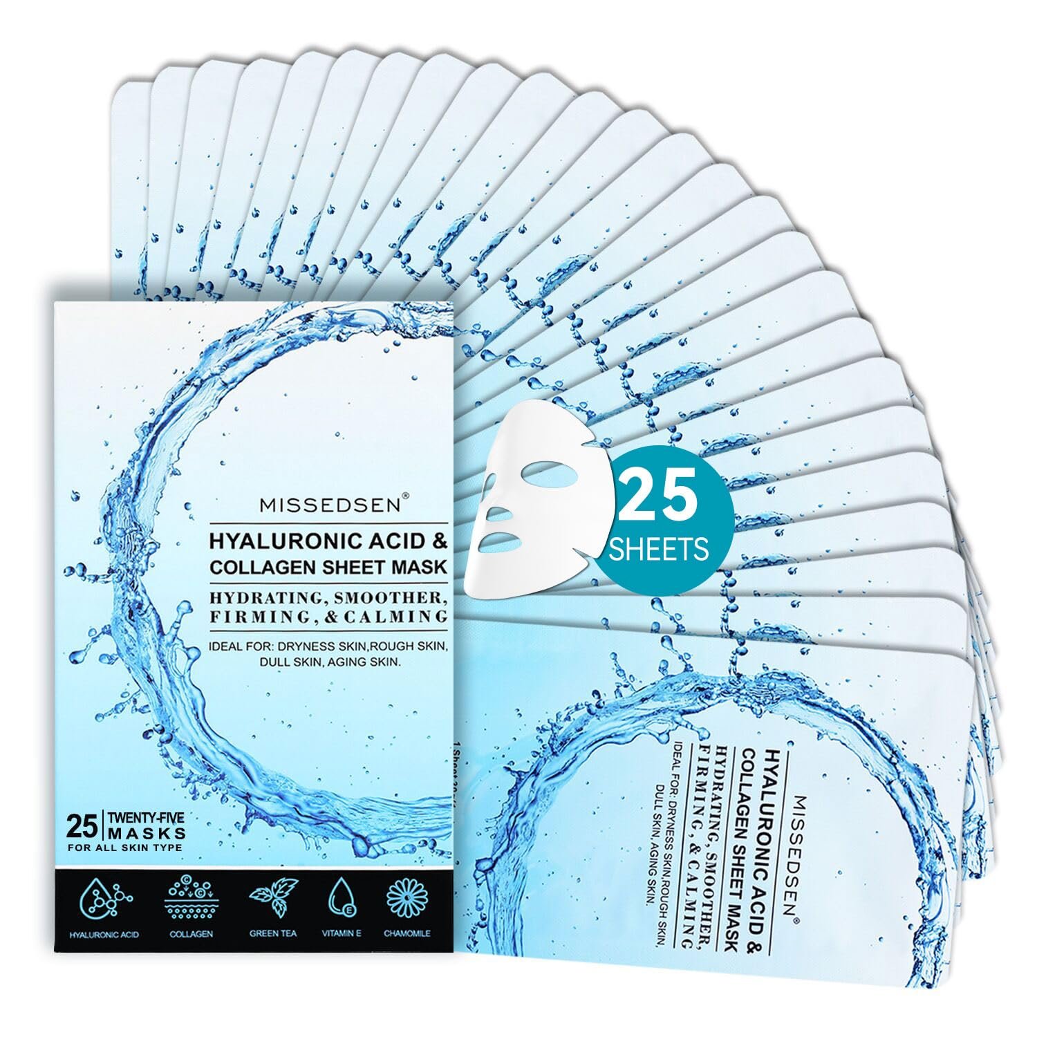Collagen Face Mask with Hyaluronic Acid, Vitamin E Oil for Skin Care Hydrating, Moisturizing, Brightening & Anti Aging Face Masks Skincare for Oil, Dry, Acne, Sensitive All Skin Types 25PCS