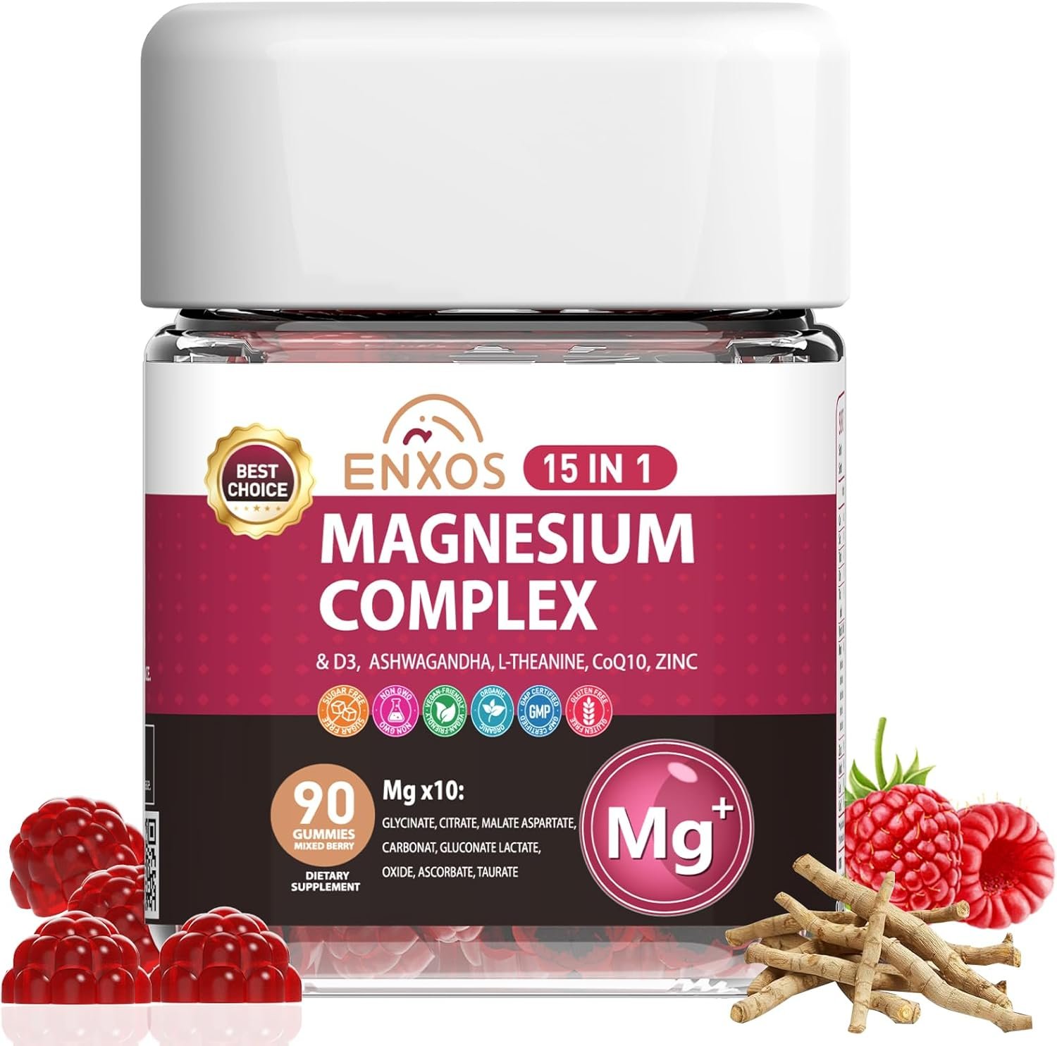 15-in-1 Magnesium Complex Gummies 350 mg/Serv with Ashwagandha Root,Vitamin D3,L-Theanine,Zinc Gluconate,CoQ10, Stress Relief Glycinate Gummy, Sugar Free Chews Supplement for Adults Sleep (Raspberry)