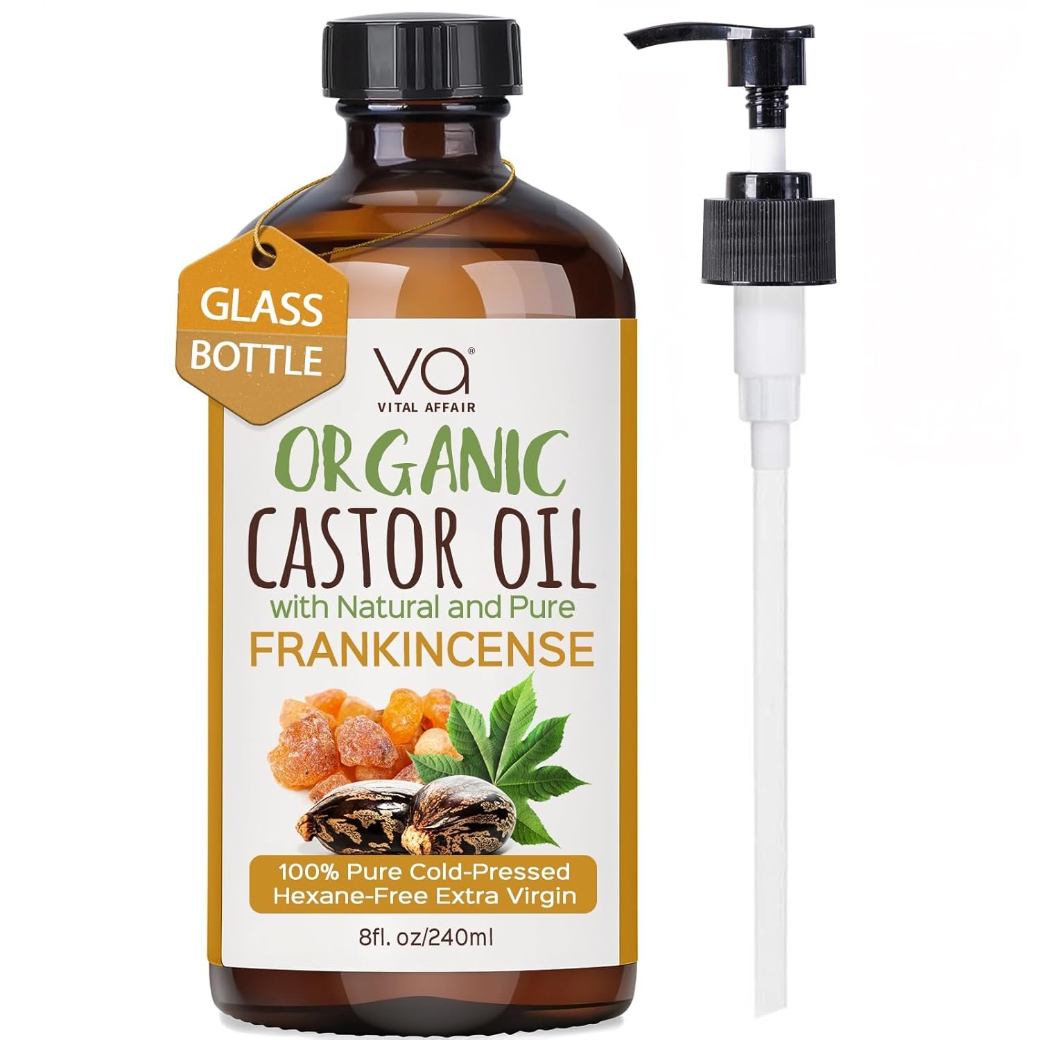 VITAL AFFAIR Organic Castor & Frankincense Oil Blend – 100% Pure and Natural, Cold Pressed, Unrefined Glass Bottle Castor and Frankincense Oil For Face & Hair Growth – 8oz