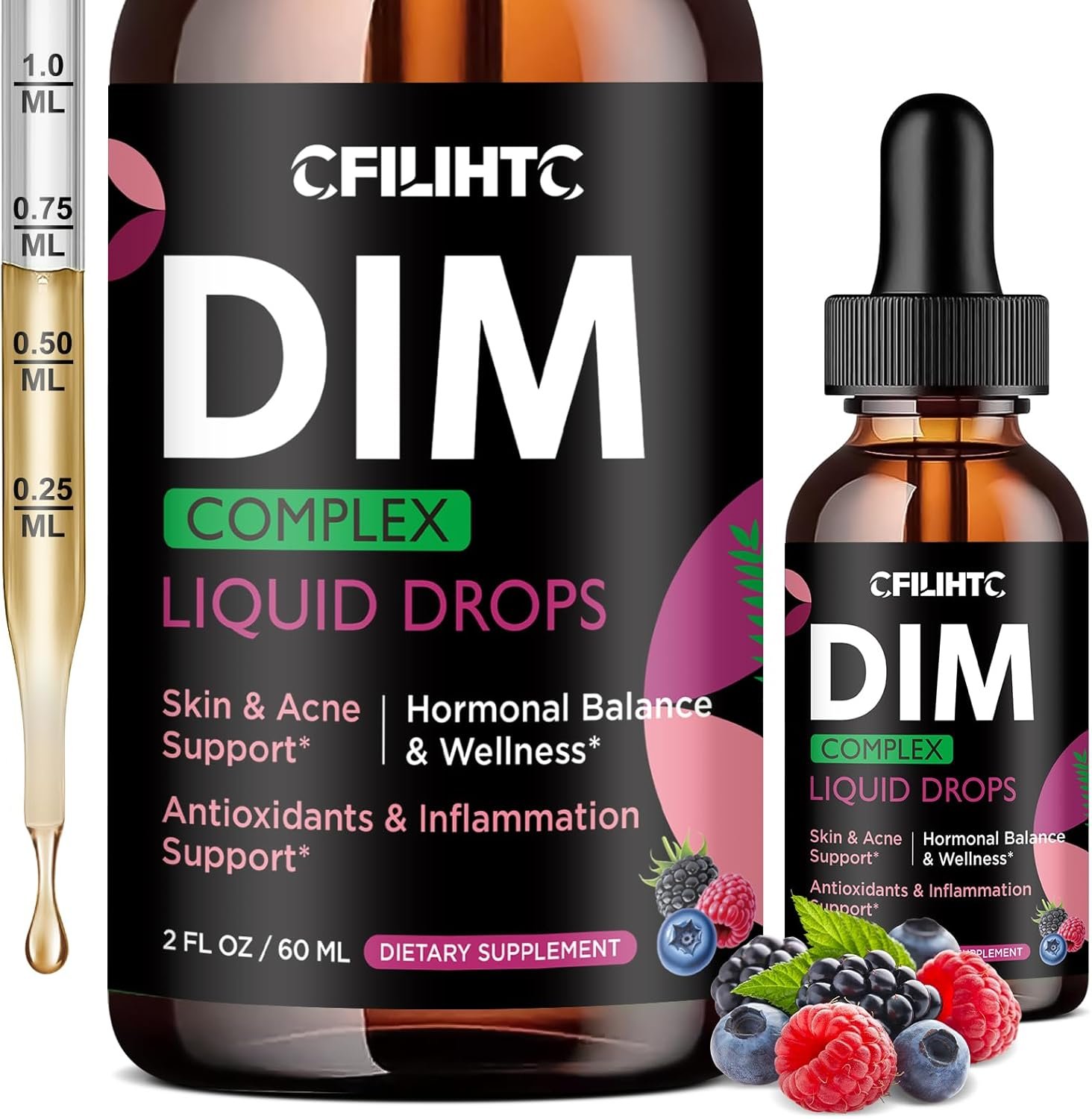 DIM Liquid Drops Supplement Women – Hormone Harmony for Women & Acne Supplements with Multivitamins, Inositol, Sulforaphane – Hormone Balance, Clear Skin & Mood Support, Mixed Berry Flavor 2 Fl Oz
