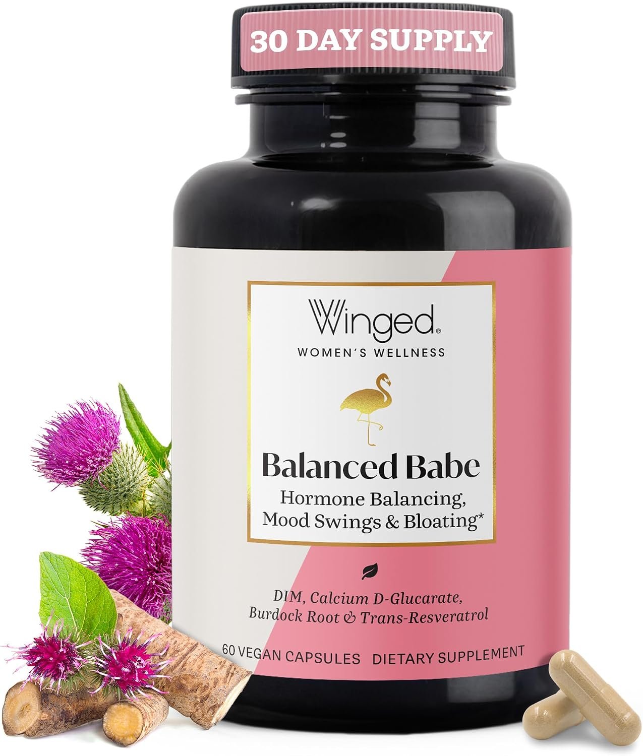 Winged Wellness Balanced Babe, Hormone Balance & Estrogen Detox Supplement for Women – 100mg DIM & Milk Thistle for PMS Bloating, Cramps, Mood, Hormonal Acne, & PCOS Support, 60 Capsules