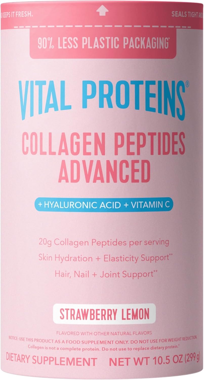 Vital Proteins Collagen Peptides Advanced, Hydrolyzed Peptides with Hyaluronic Acid and Vitamin C – Strawberry Lemon Flavor Powder, 10.5oz