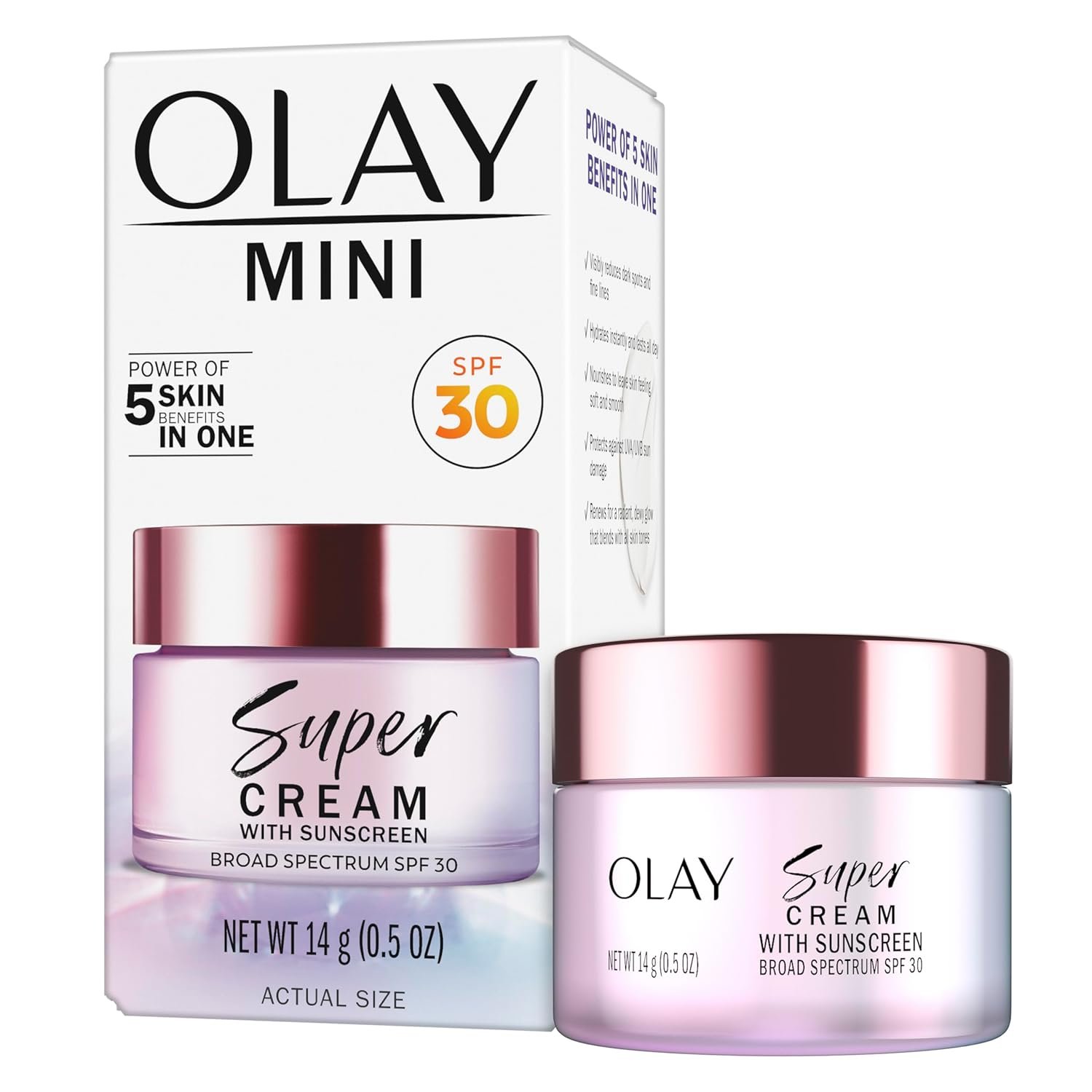 Olay Super Cream with Sunscreen SPF 30, Trial Size, Lightweight Face Moisturizer with Sun Protection, 5-in-1 Skin Care Benefits – Hydrating, Brightening, Firming – Niacinamide, Vitamin C, 15 mL