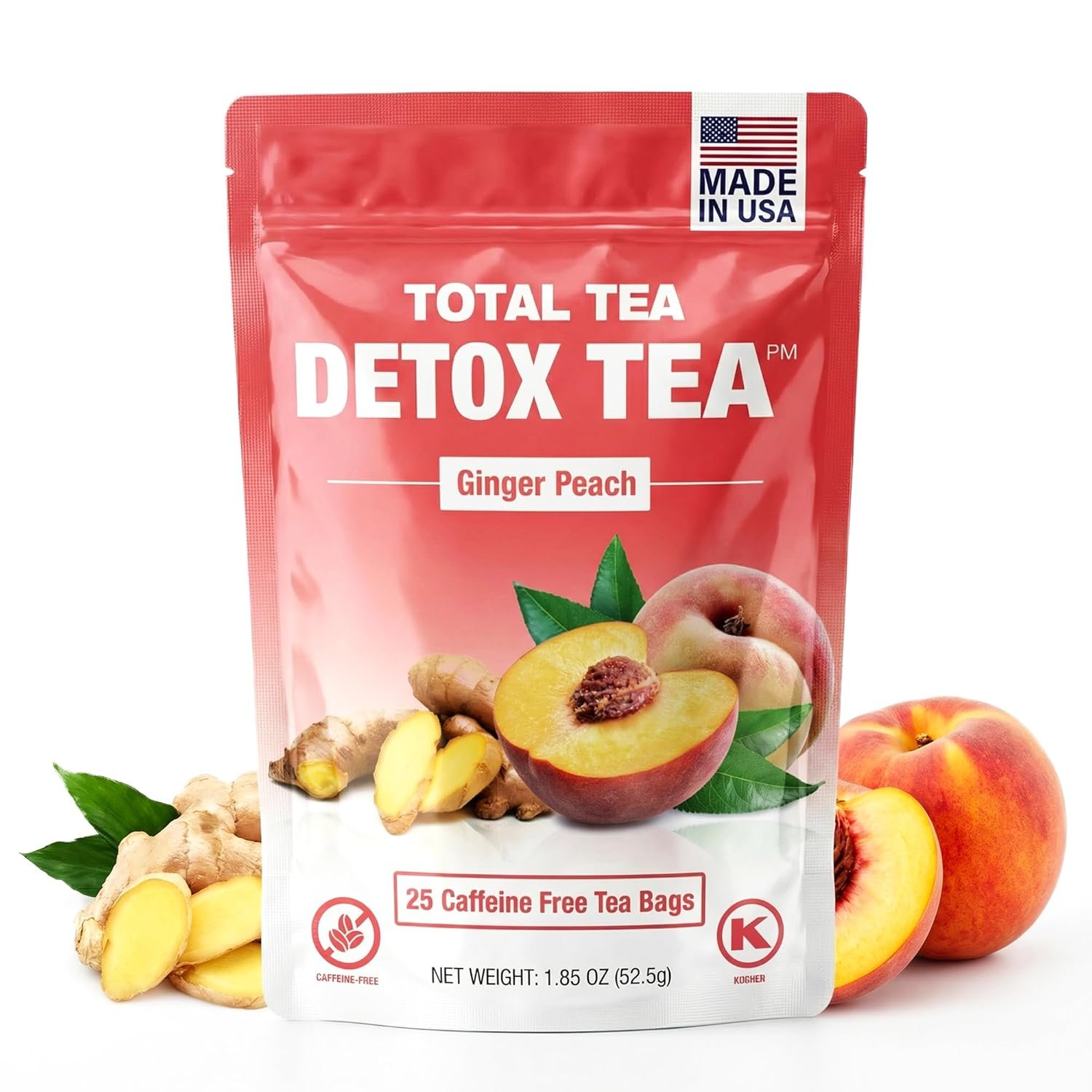 Total Tea SIimming Detox Tea Caffeine Free – 25 Day Detox – Weight l0ss for women with Chamomile, Hibiscus Tea & Ginger Root for Colon Cleanse – Natural Herbal Ginger & Peach Fruit Tea for Digestive Health