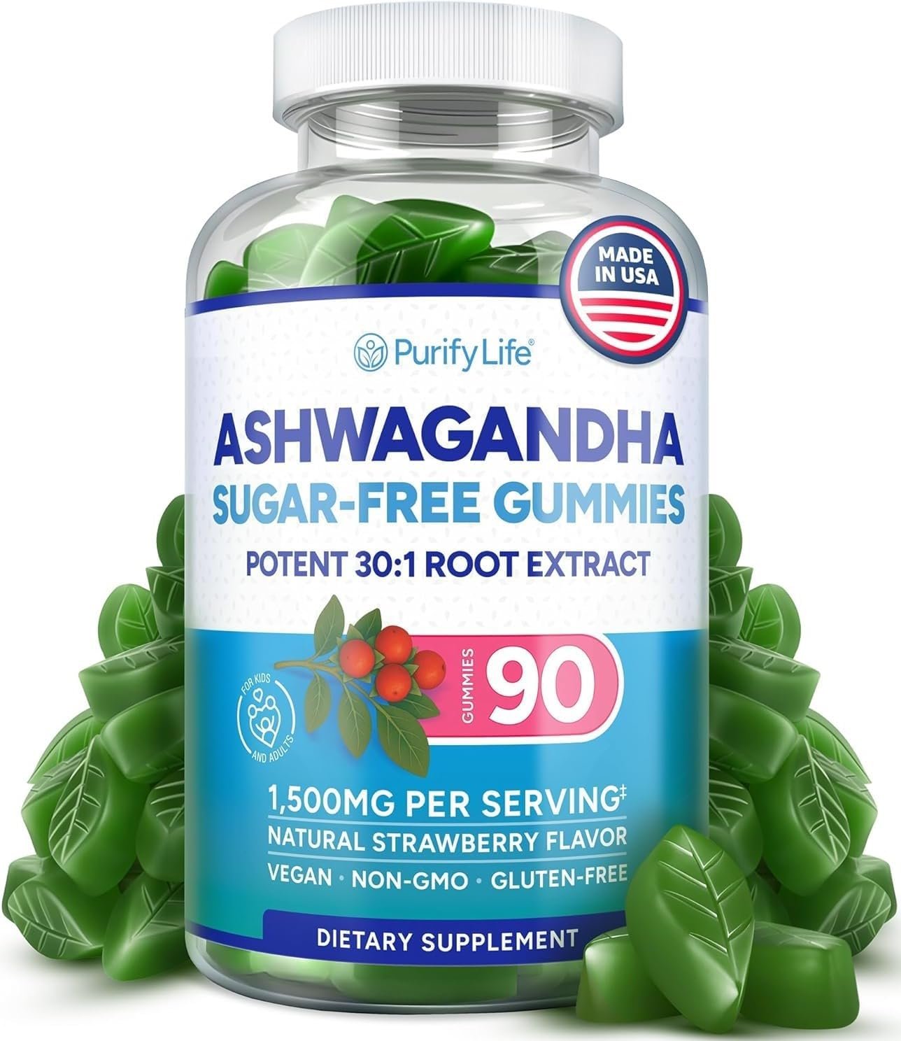 Sugar-Free Ashwagandha Gummies for Stress, Sleep & Mood Support – High-Potency 30:1 Ashwagandha Supplement Extract – Vegan Adaptogen Supplement for Women & Men, Natural Flavor, Plant-Based, 90 Gummy