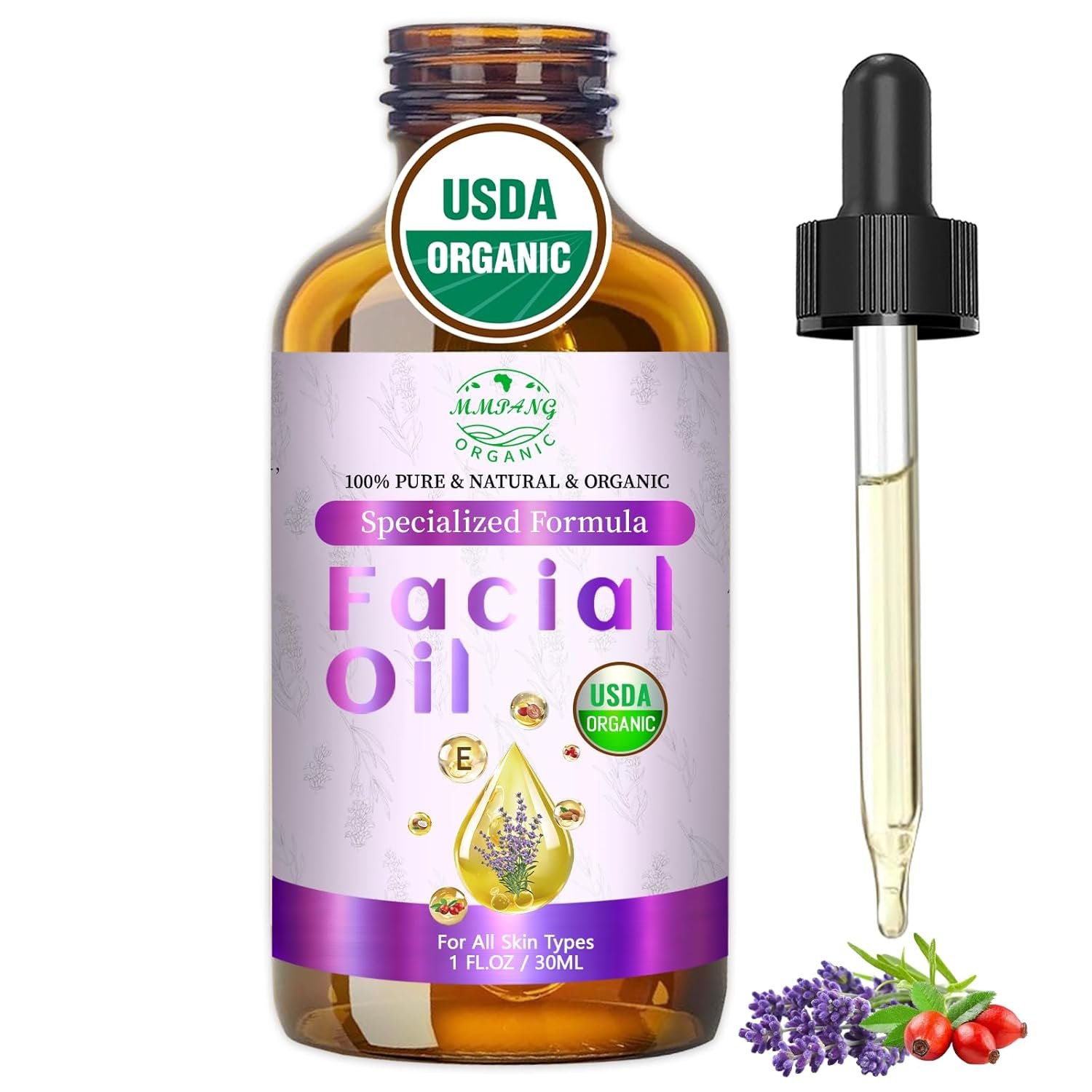 Organic Face Oil with Lavender, Rosehip, Frankincense, Pomegranate & Vitamin E – USDA Certified Cold Pressed 100% Natural Anti-Aging Facial Oil for Moisturizing, Brightening – 1oz / 30ml