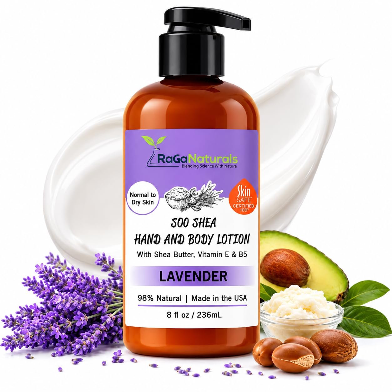 RaGaNaturals Lavender Shea Butter Hand and Body Lotion, 8 Fl Oz – Moisturizing, Plant-Based, Vegan, with Argan, Avocado Oil & Vitamin E