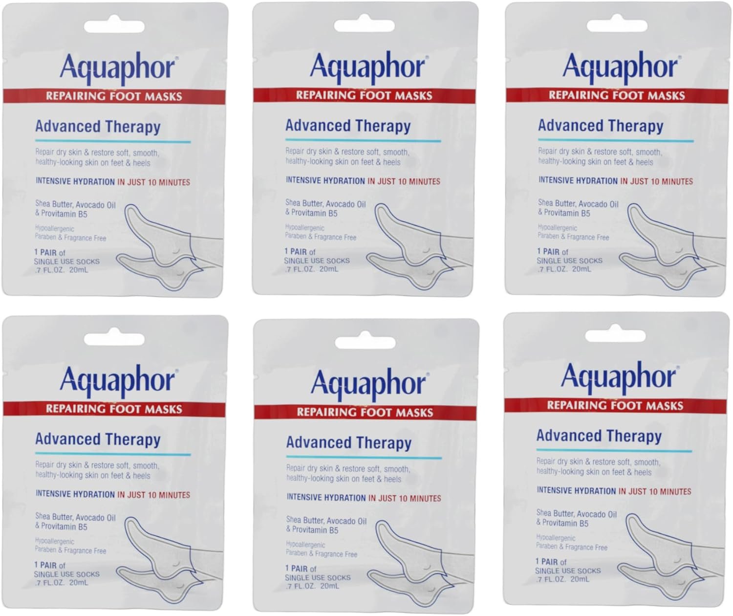 Aquaphor Repairing Foot Masks, Moisturizing Socks for Dry Feet, Hydrating Foot Care Treatment with Avocado Oil and Shea Butter, Pack of 6