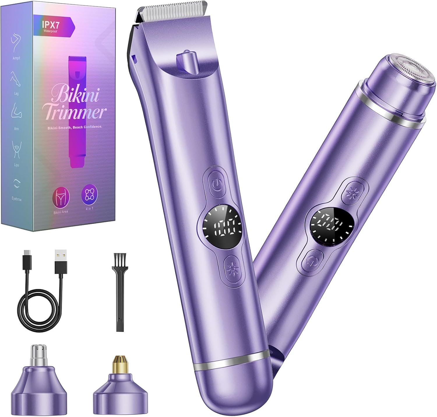 4 in 1 Bikini Trimmer for Women, Electric Razors for Women – Dual Head, Wet & Dry Use Pubic Body Hair Trimmer Electric Shavers, Rechargeable Womens Facial Razors for Legs, Nose, Armpits, Bikini Area