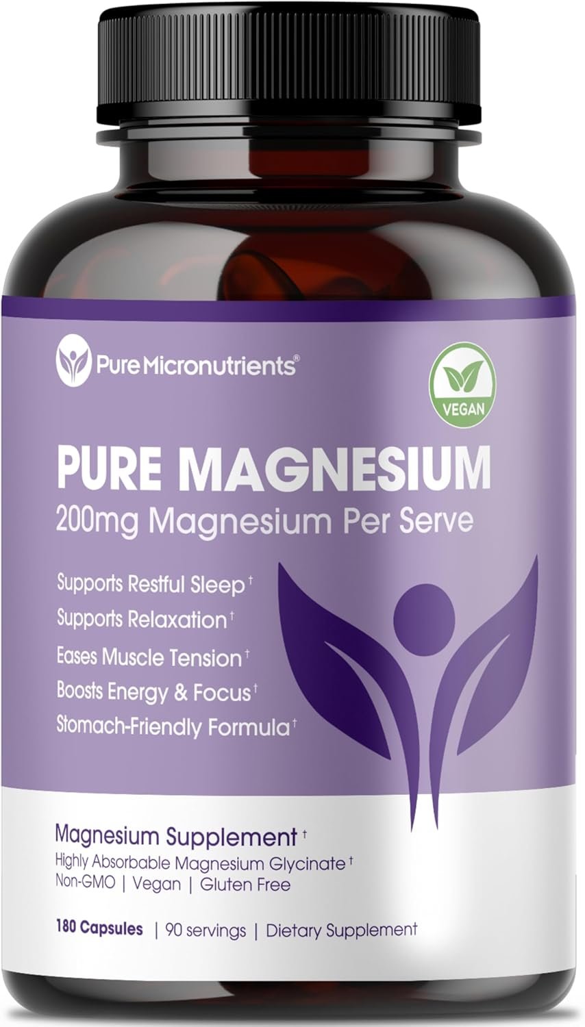 Pure Magnesium Glycinate Supplement – Highly Absorbable Chelated Magnesium to Support Sleep, Muscle & Nerve Health, Energy, Relaxation & Bone Health – 200mg Per Serving, 180 Capsules