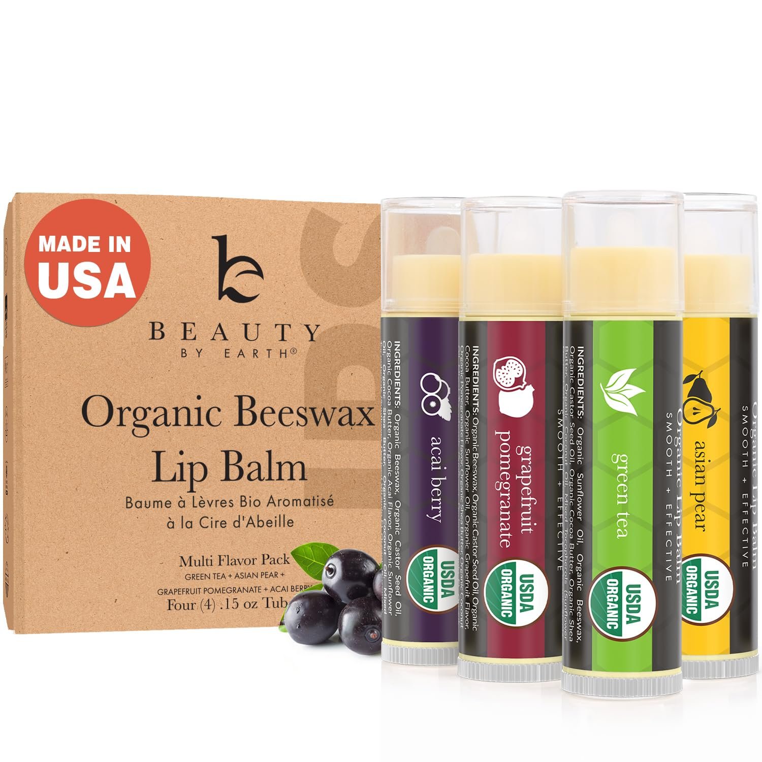 USDA Organic Lip Balm – USA Made with Natural Ingredients, 4 Pack Multi Flavor Lips Moisturizer, Moisturizing Lip Care, Beauty Gifts & Small Birthday Gifts, Moisturizer Chapstick Care for Dry Lips