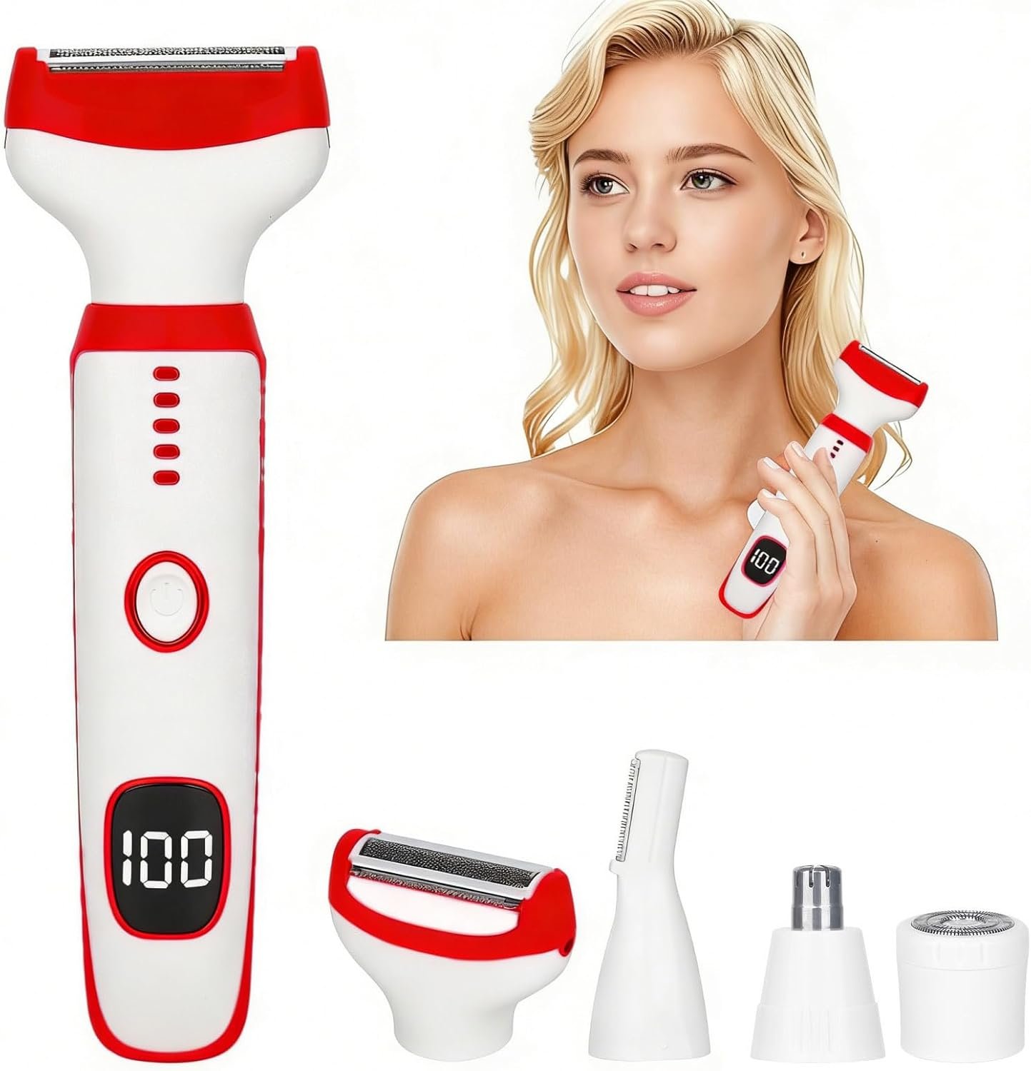 Electric Razor for Women Men with LED Display,4 in 1 Ladies Wet & Dry Body Razors and Facial Hair Remover, Rechargeable Hair Removal Kit for Nose Face Body Leg Bikini Arm Hair (Silver Pink)