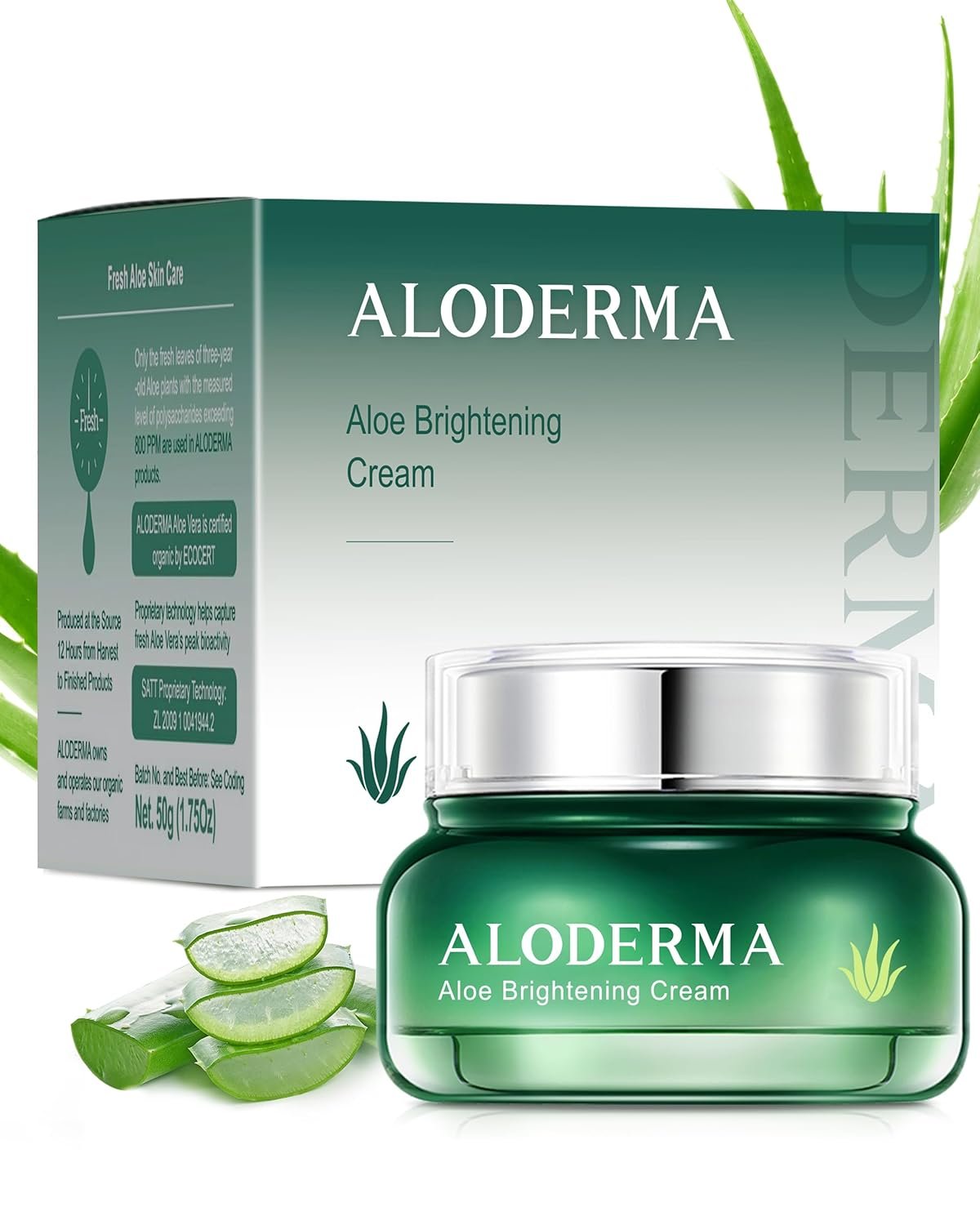 Aloderma Brightening Facial Cream – Made with 69% Organic Aloe Vera – Natural Skin Brightening Squalane & Niacinamide for Flawless Complexion, 1.7oz