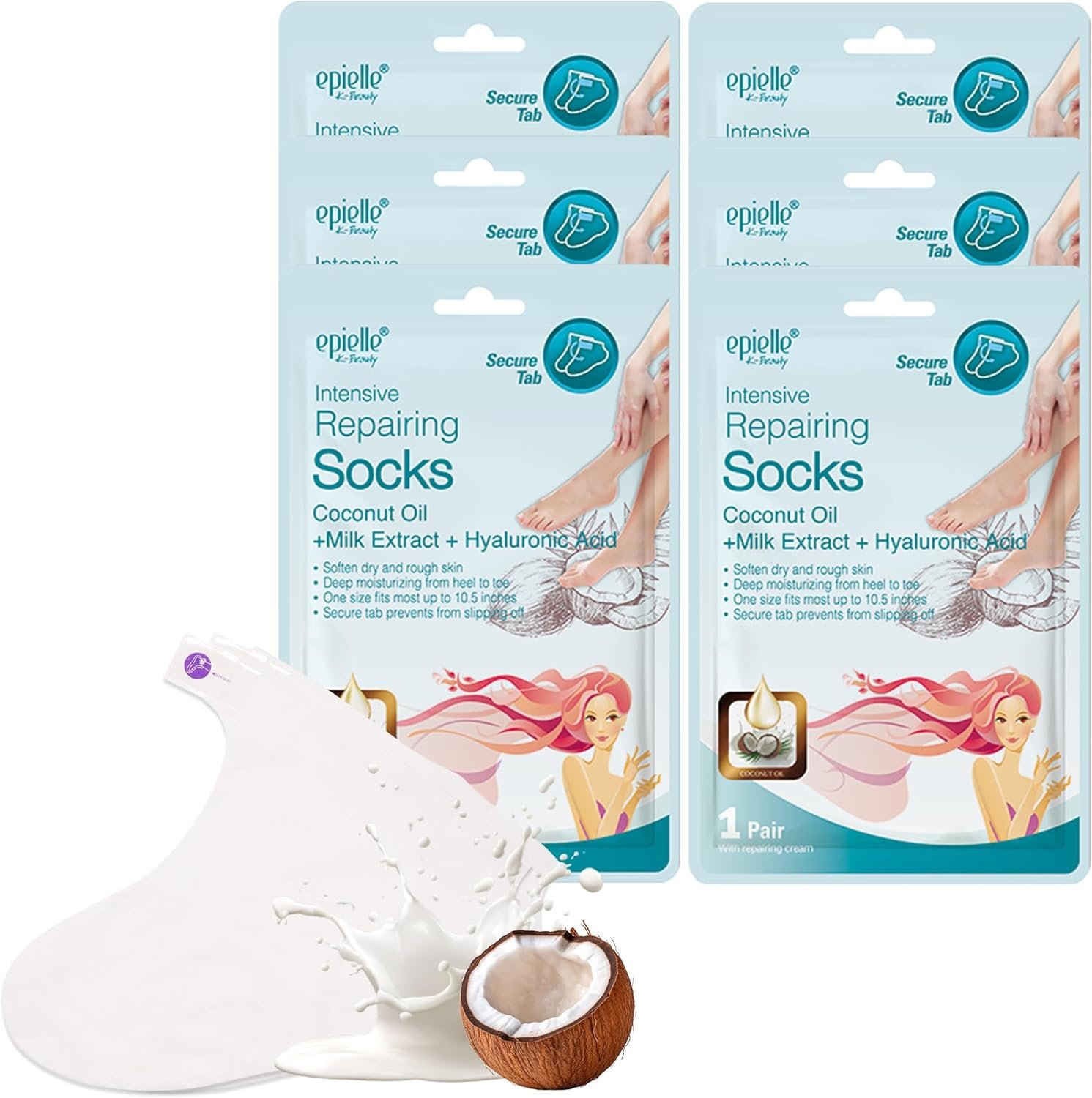 Epielle Intensive Repairing Foot Mask 6 Pairs, Soften with Coconut Oil & Milk Extract, Deep Moisturizing Socks for Dry, Cracked Feet, Self Care Gifts for Women, Spa Kit