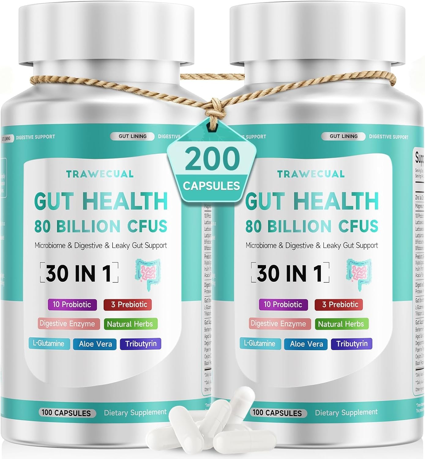 2-Pack Gut Health Capsule Supplement, Supports Microbiome, Leaky Gut, and Digestion, with 80 Billion CFU Probiotics, Prebiotics, Digestive Enzymes, 30-in-1 Gut Health Supplement, 200 Capsules
