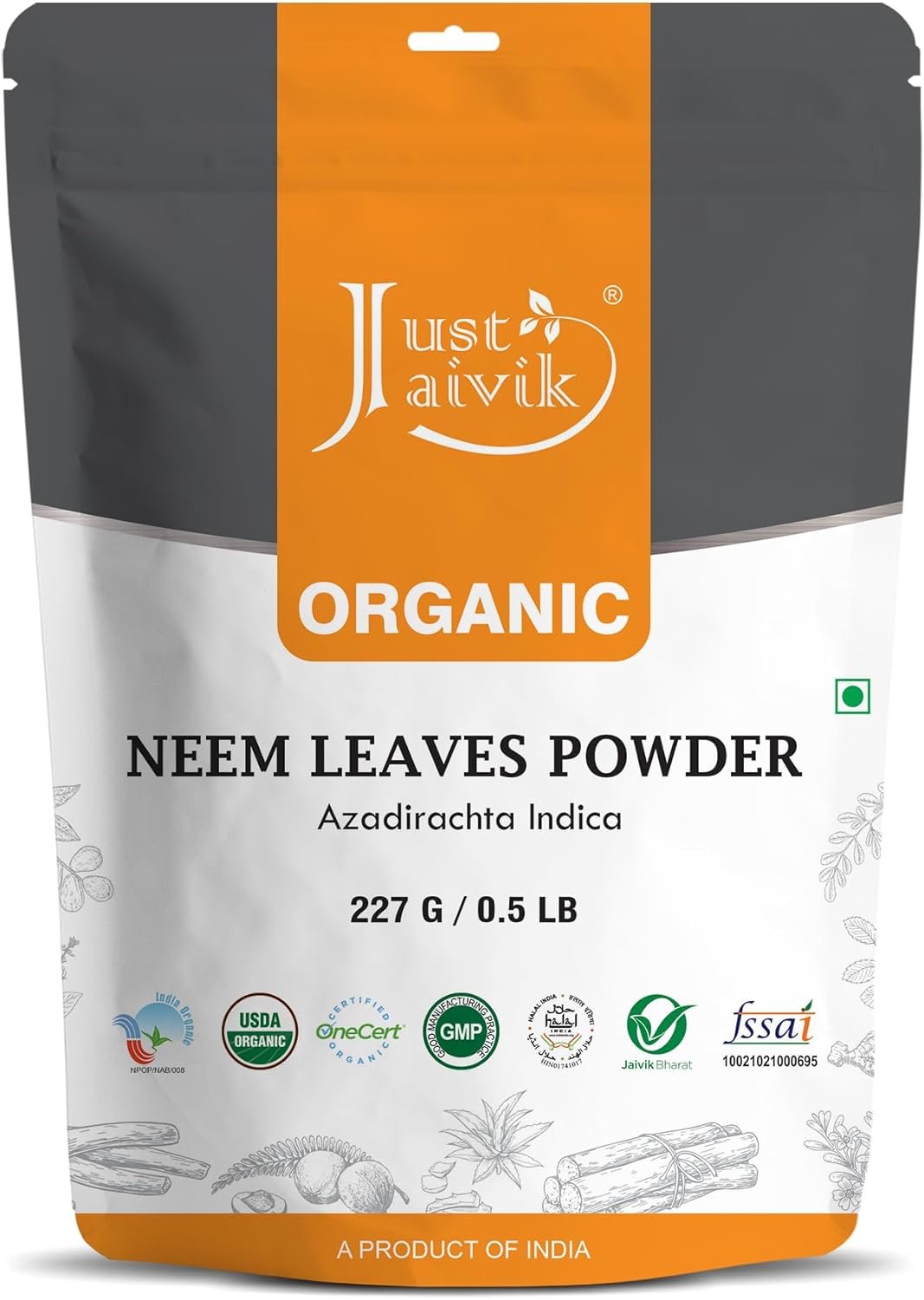 Just Jaivik 100% Organic Neem Leaves Powder – USDA Certified Organic, 227 GMS / 1/2 LB Pound / 08 Oz – Azadirachta Indica – Promoting Healthy Hair and Clear Skin (an USDA Organic Certified Herb)