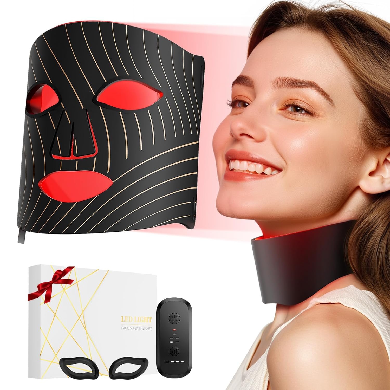ONLUKY Red Light Therapy for Face,LED Face Mask Light Therapy with Neck Device,103 3-in-1 Light Beads,Remoter Rechargeable,Timing Function,Infrared Red Light Therapy Mask for Home Working Travel Yoga